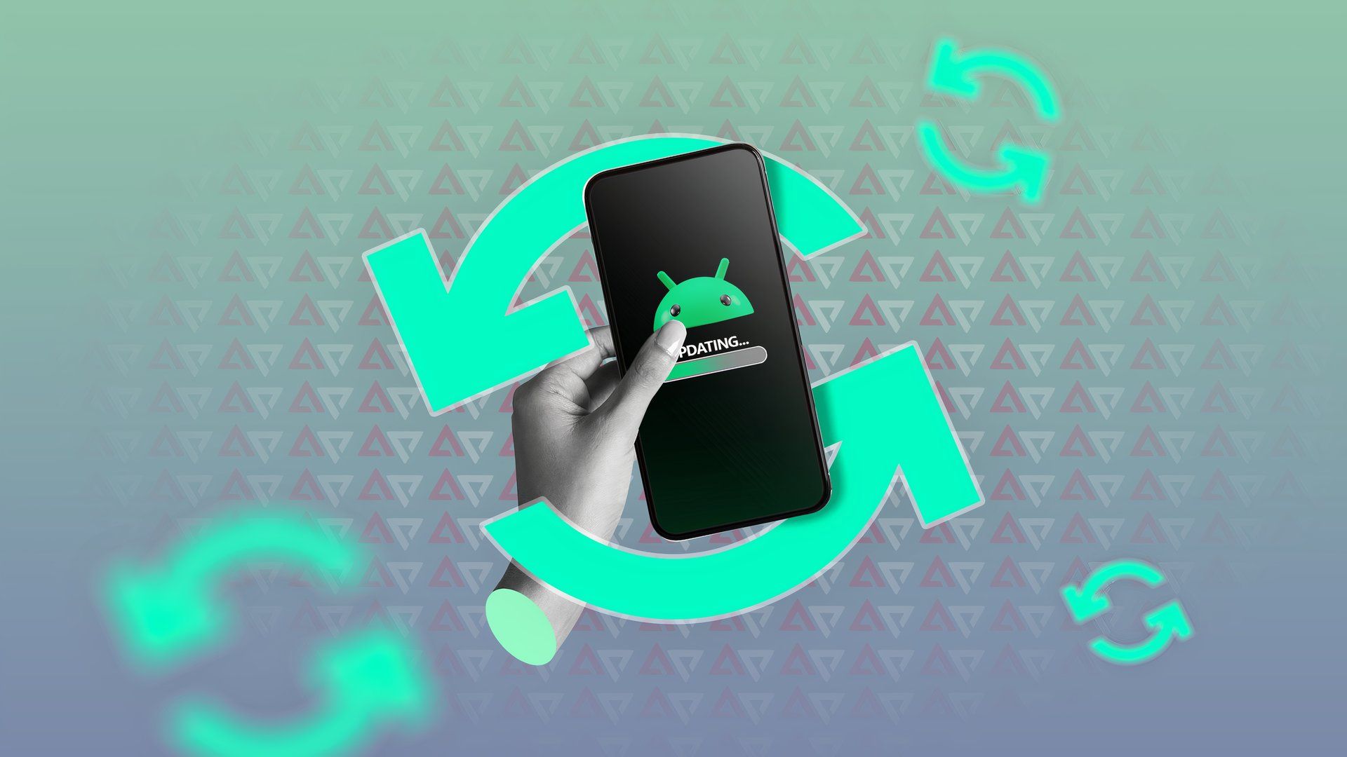 A hand holding a phone with the Android being updated.
