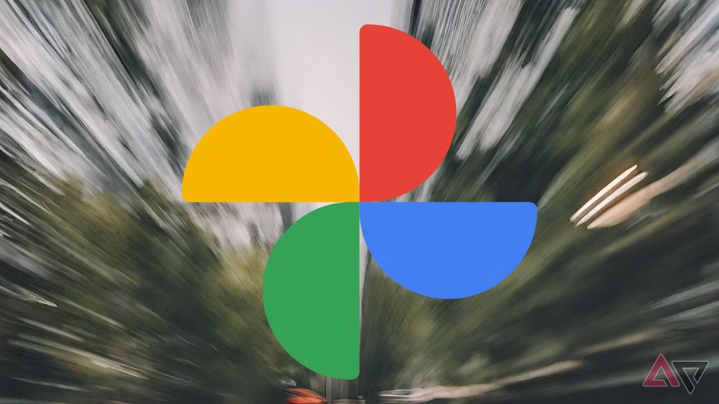 image of Google photos logo overlaid on an image of blurred trees
