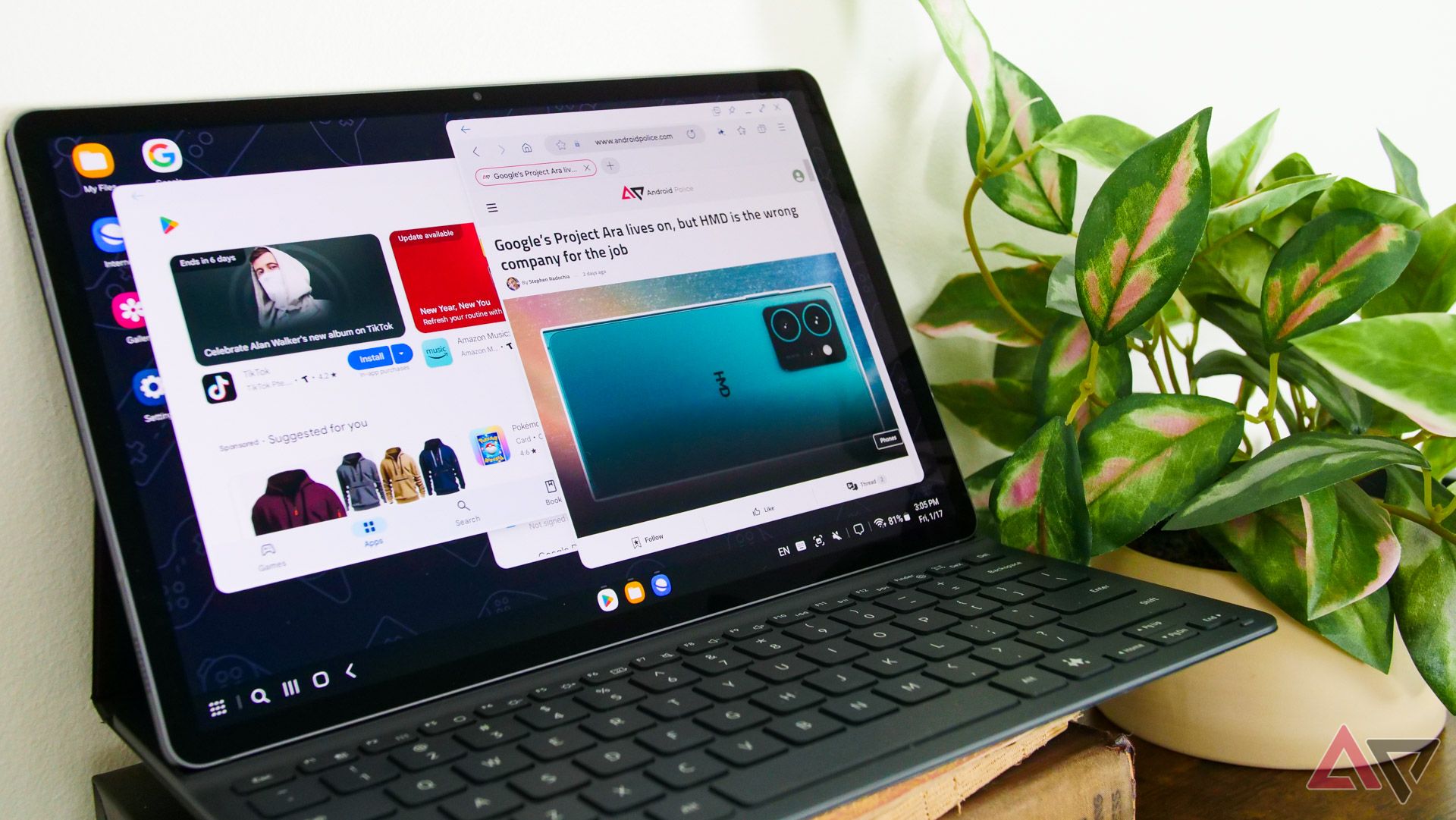The Samsung Galaxy Tab S10 showing DeX running multiple wondows