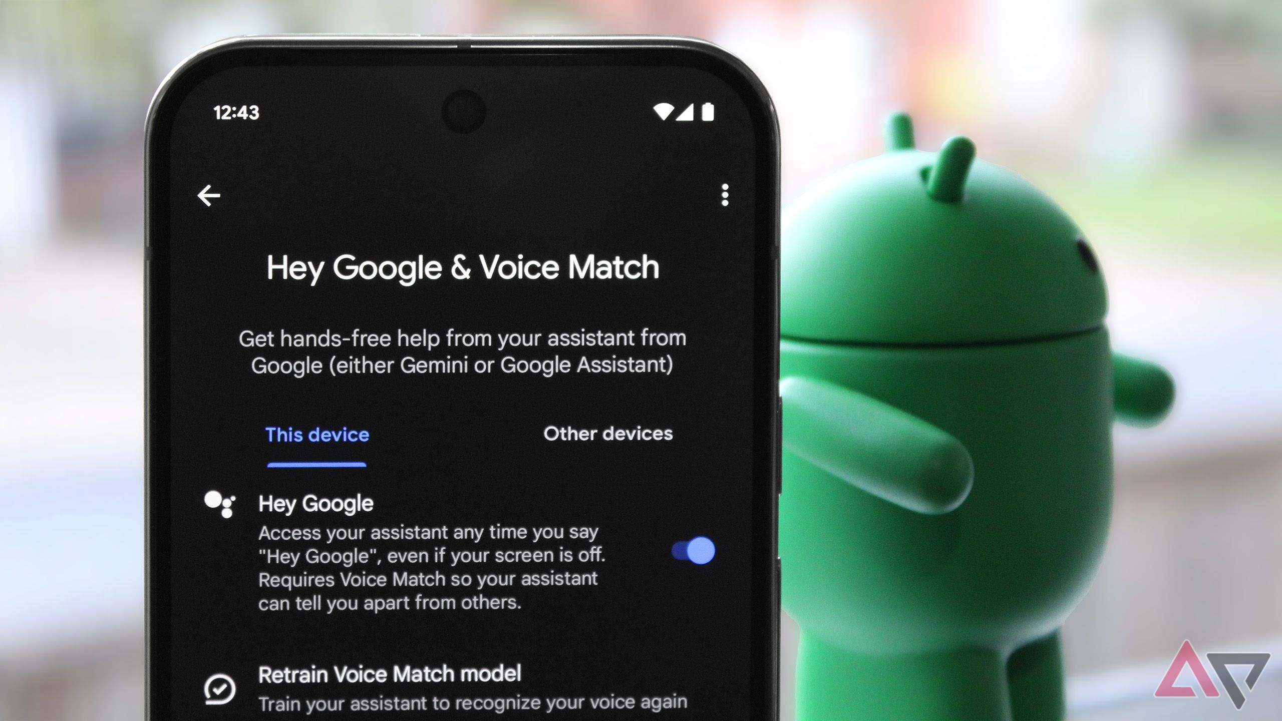 A Pixel 9 Pro showing the "Hey Google & Voice Match" settings screen with an Android "The Bot" figurine in the background.