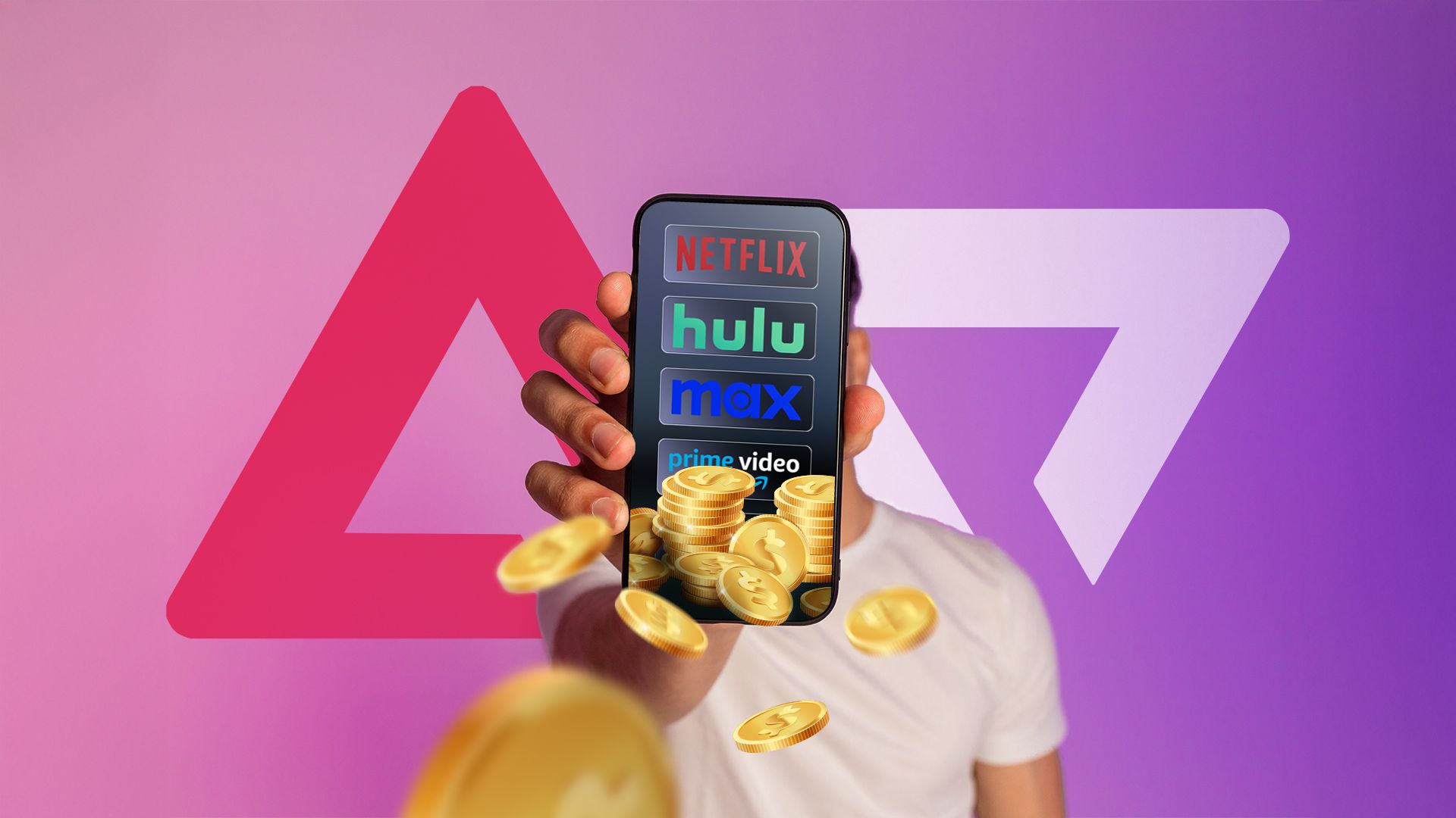 A hand holding a phone with the logos of some streaming services on the screen and several coins.