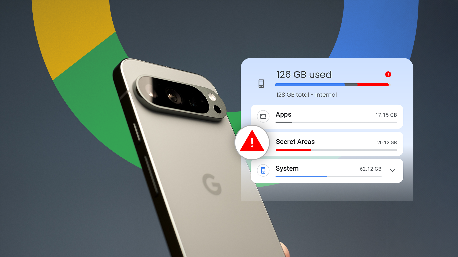 A Google Pixel 9 series phone with a full storage alert shown next to the device