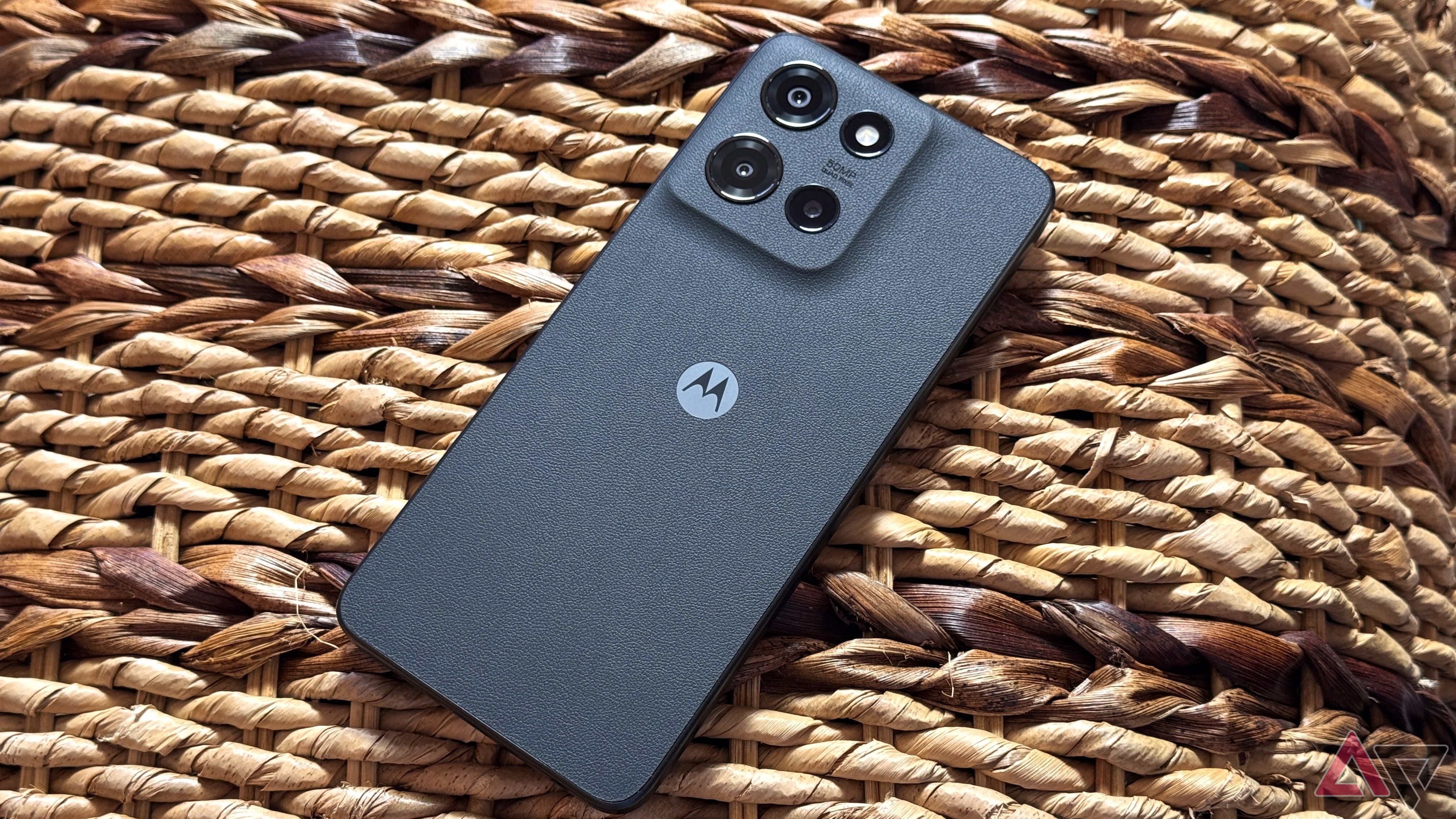 Moto G (2025) showing the vegan leather back on a wicker basket.