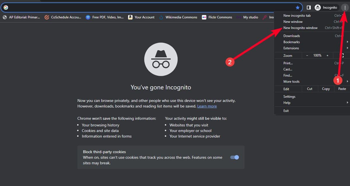 Showing how to access Incognito mode while on Google Chrome
