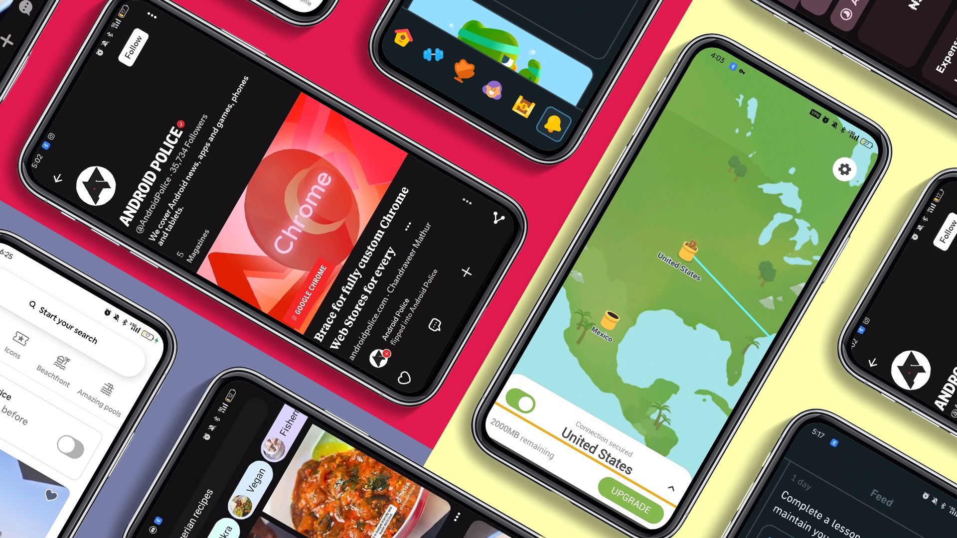 Several phones with different open apps are arranged against a multicolor background