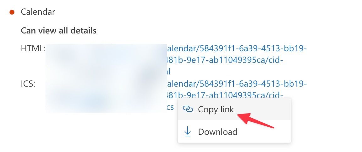Red arrow pointing to Copy link option next to a calendar