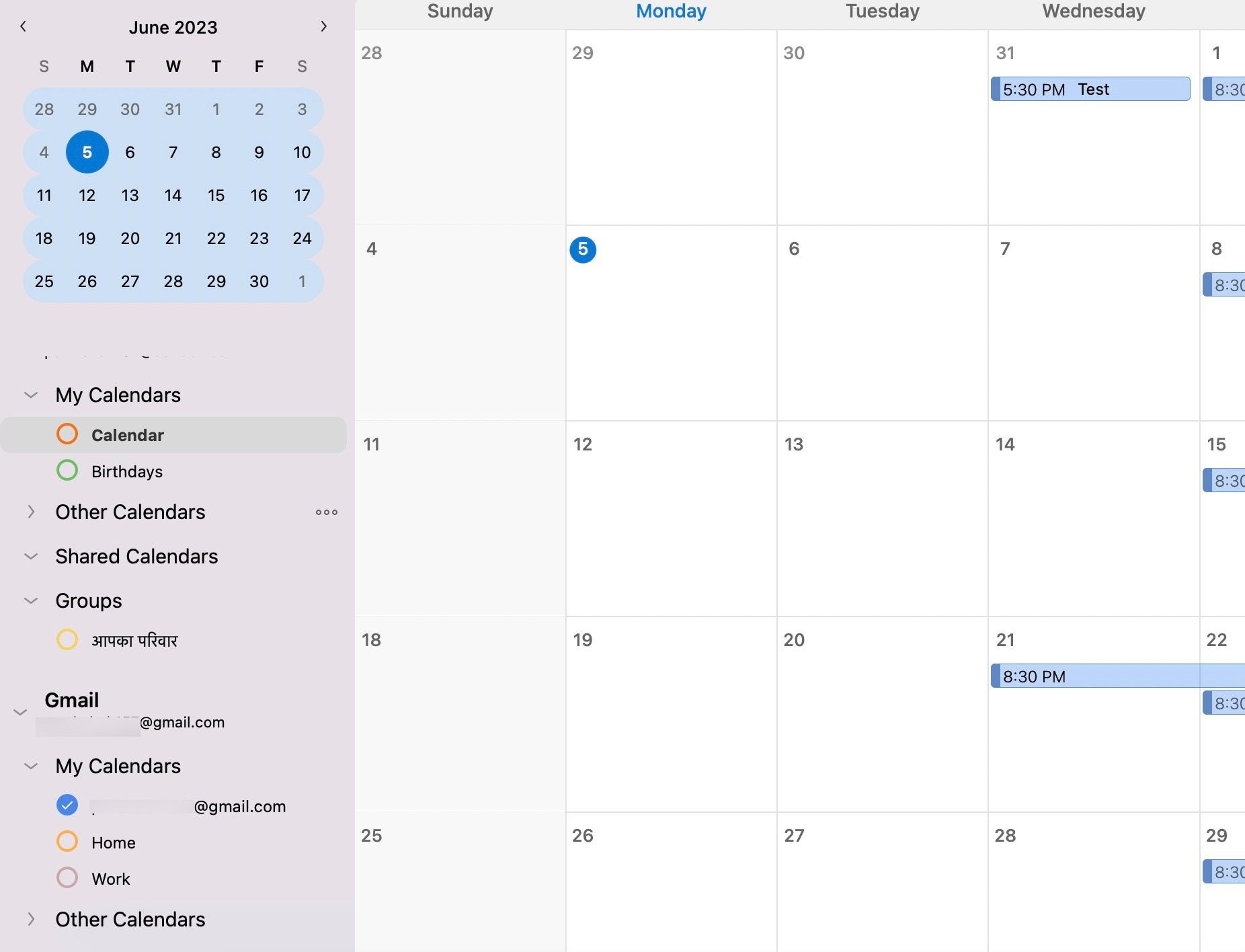 Showing a list of calendars listed by application