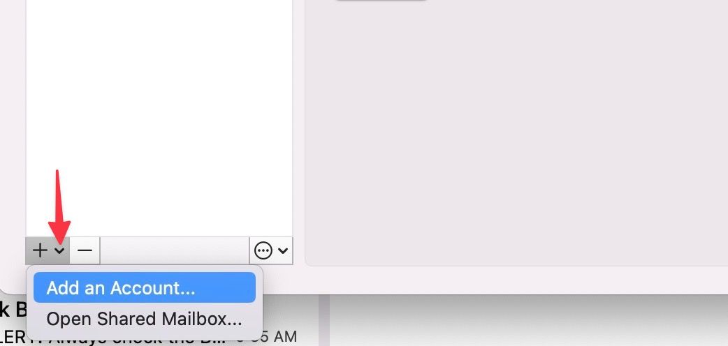 Red arrow pointing to Add an account to Outlook.