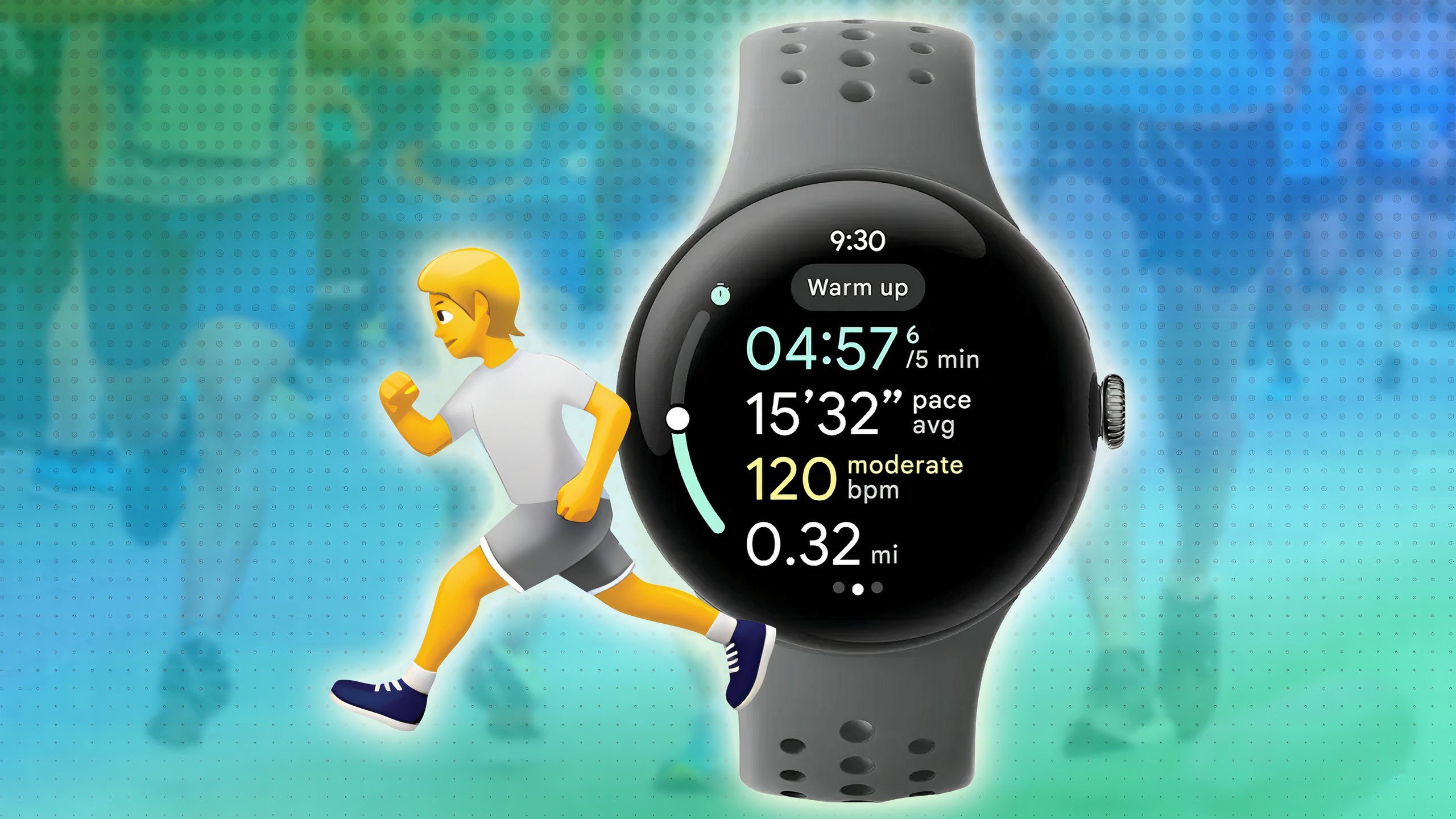 Emoji of a person running and an image of a smartwatch overlaid on a photo of a group of people running