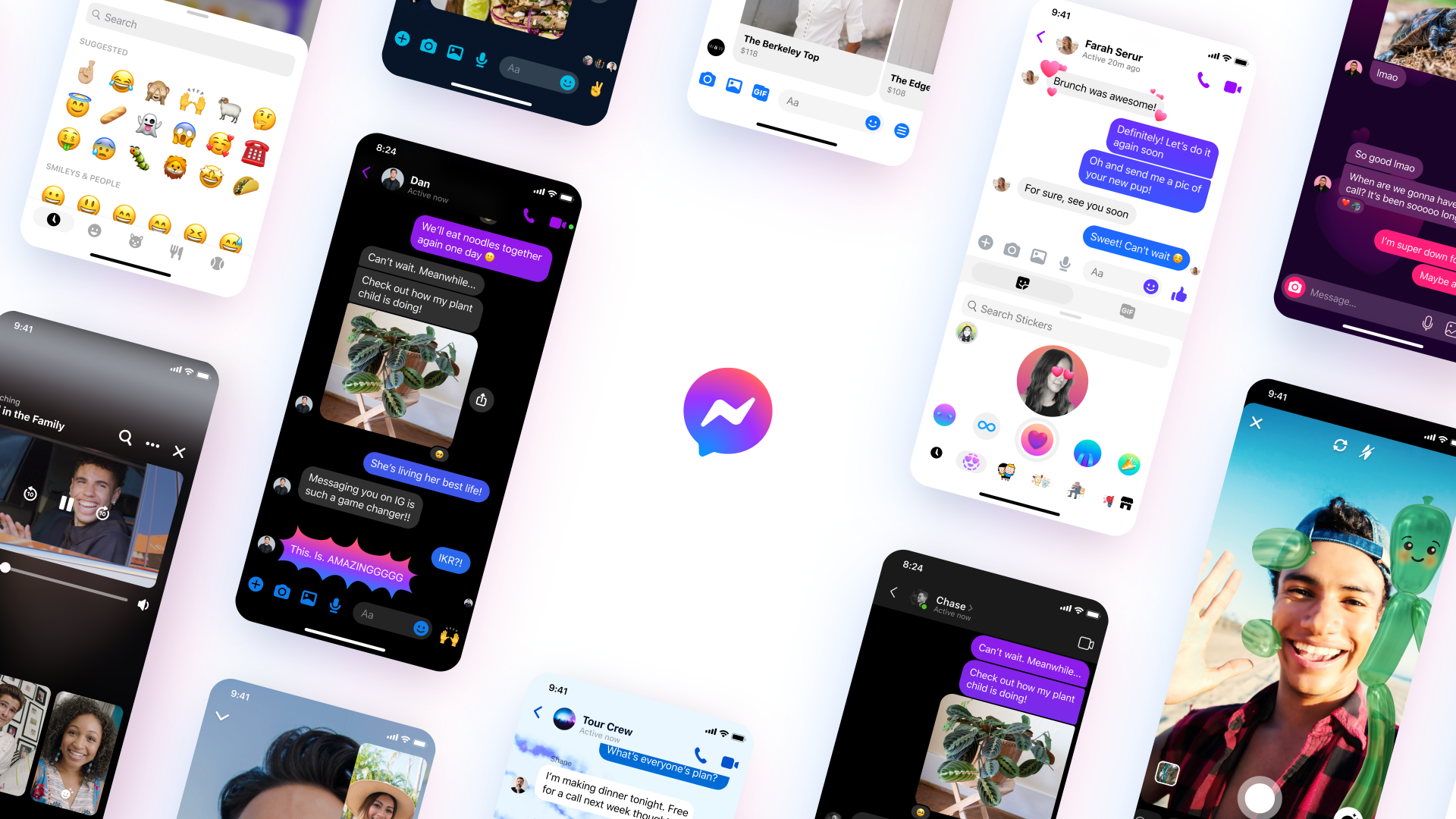 A collage of Facebook Messenger screens with the Messenger logo in the center