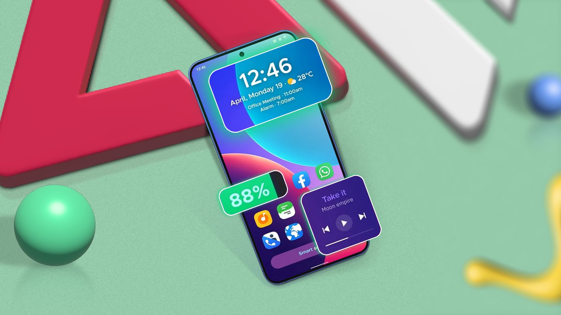 A smartphone with a custom launcher and some geometric shapes around it.
