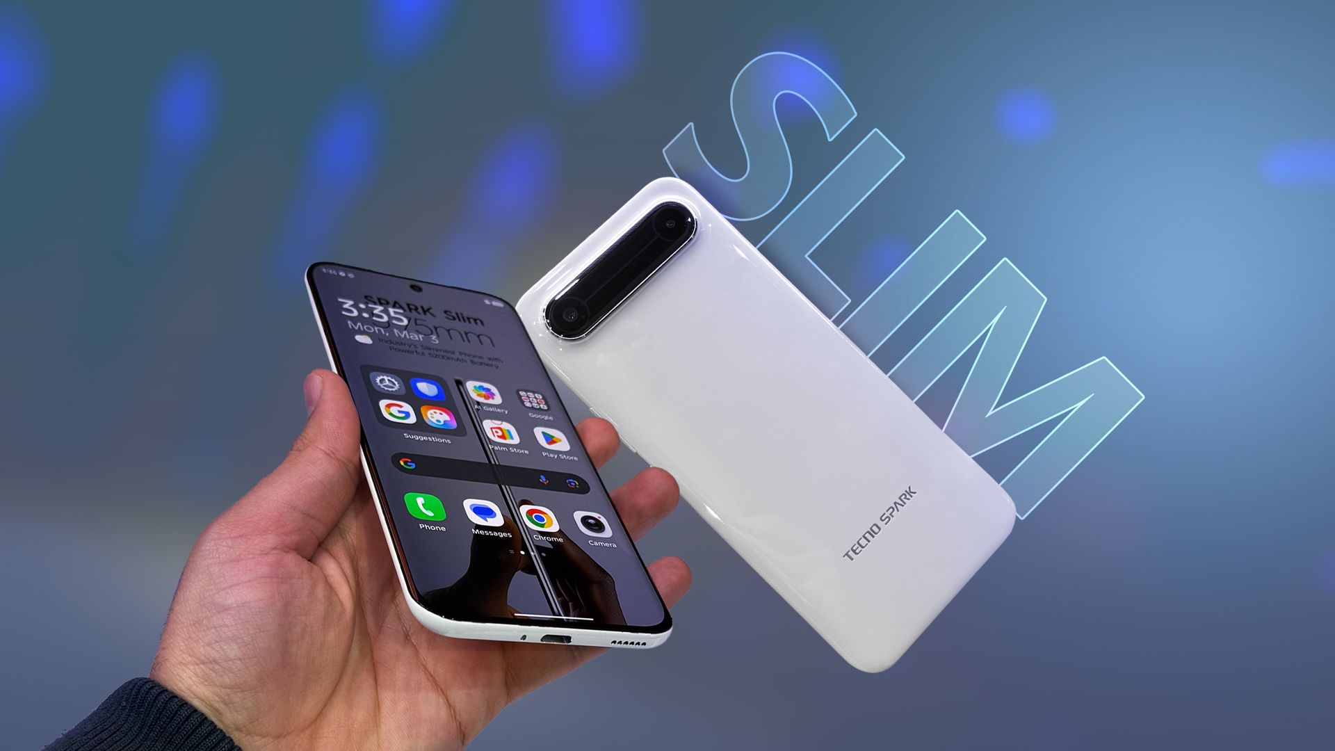 Hand holding Tecno Spark Slim showcasing its thin design