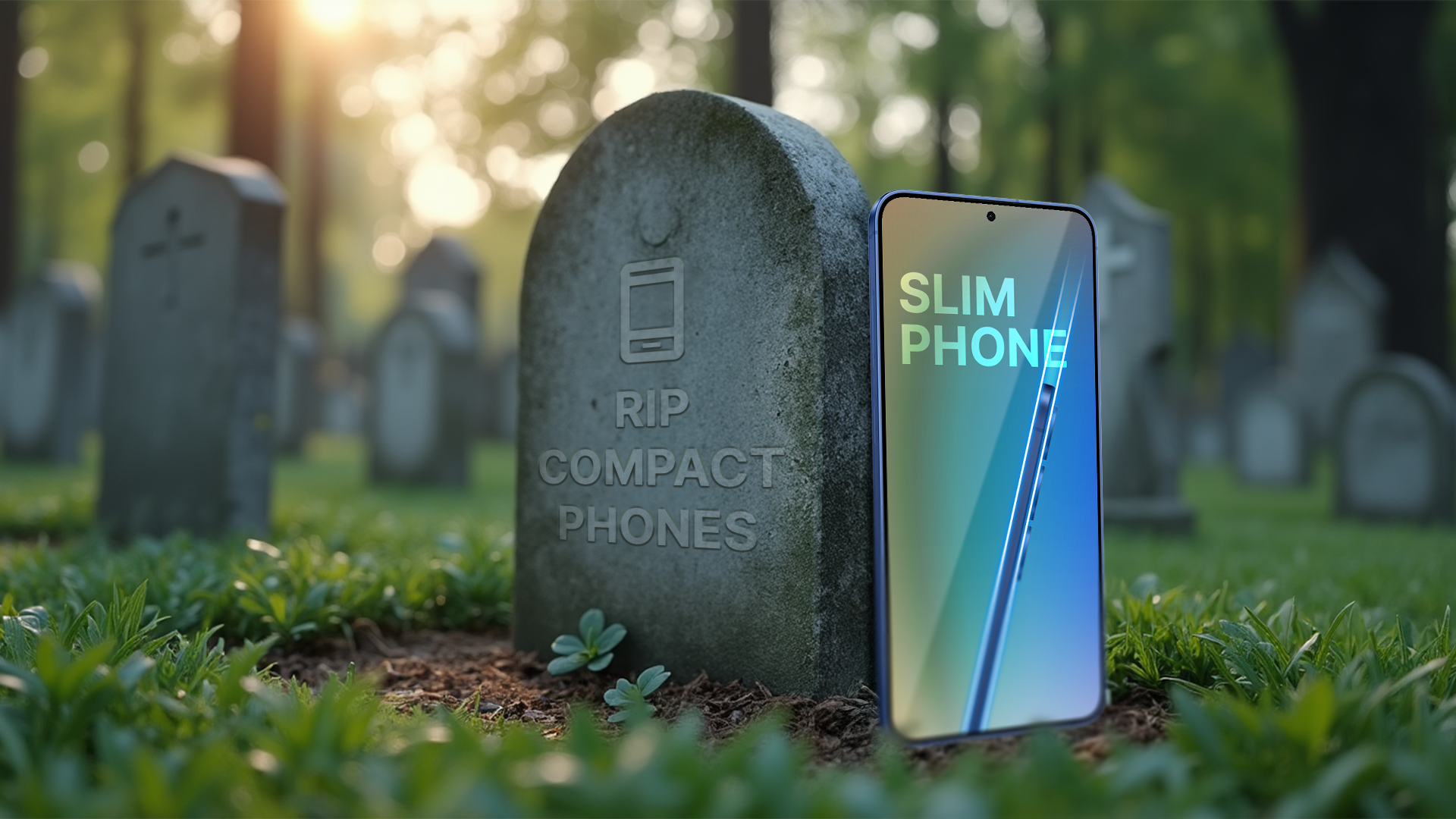 A slim phone next to a tombstone reading 'RIP COMPACT PHONES.