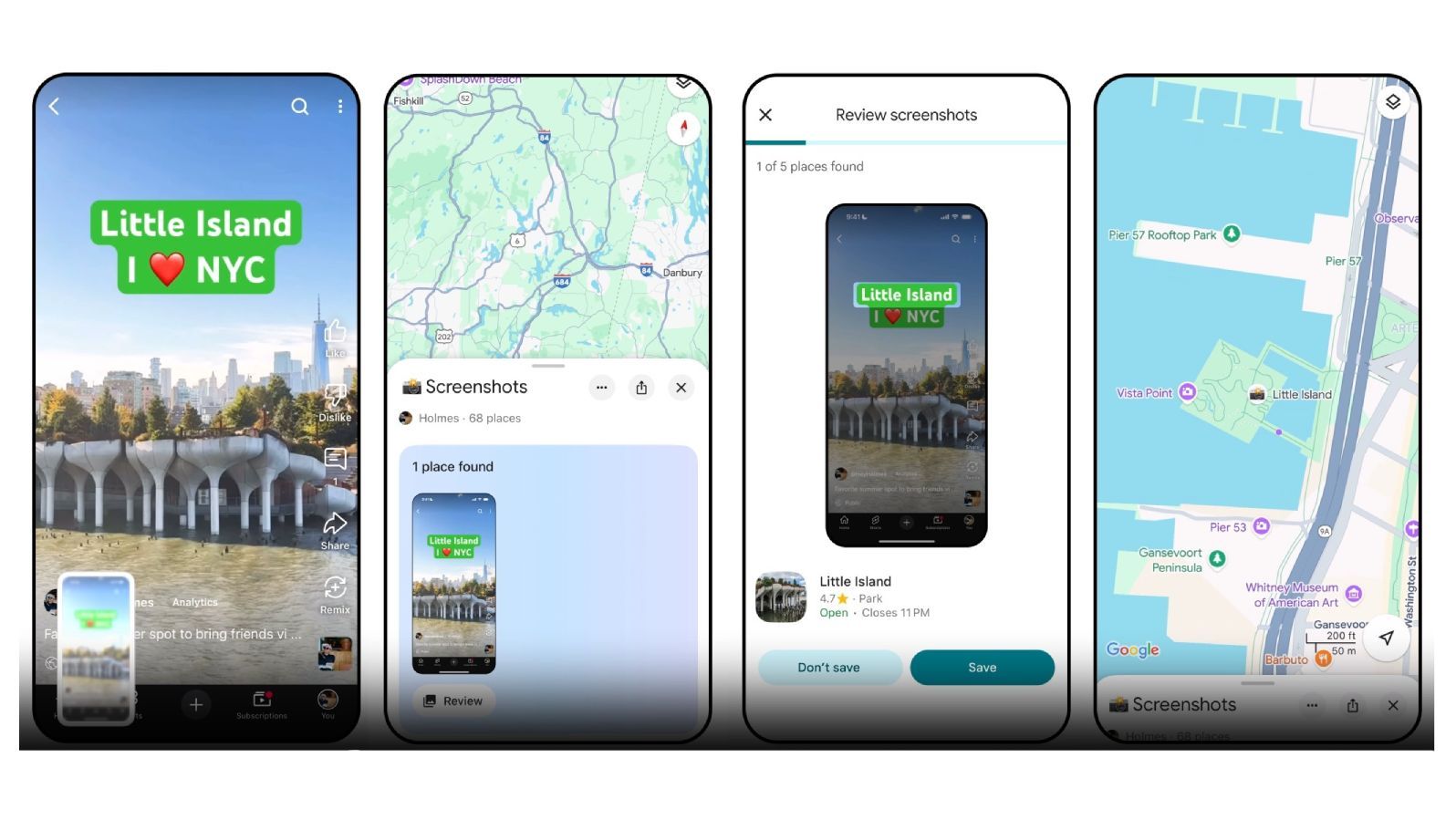 Screenshots highlighting Google Maps' new screenshot-analyzing capabilities.