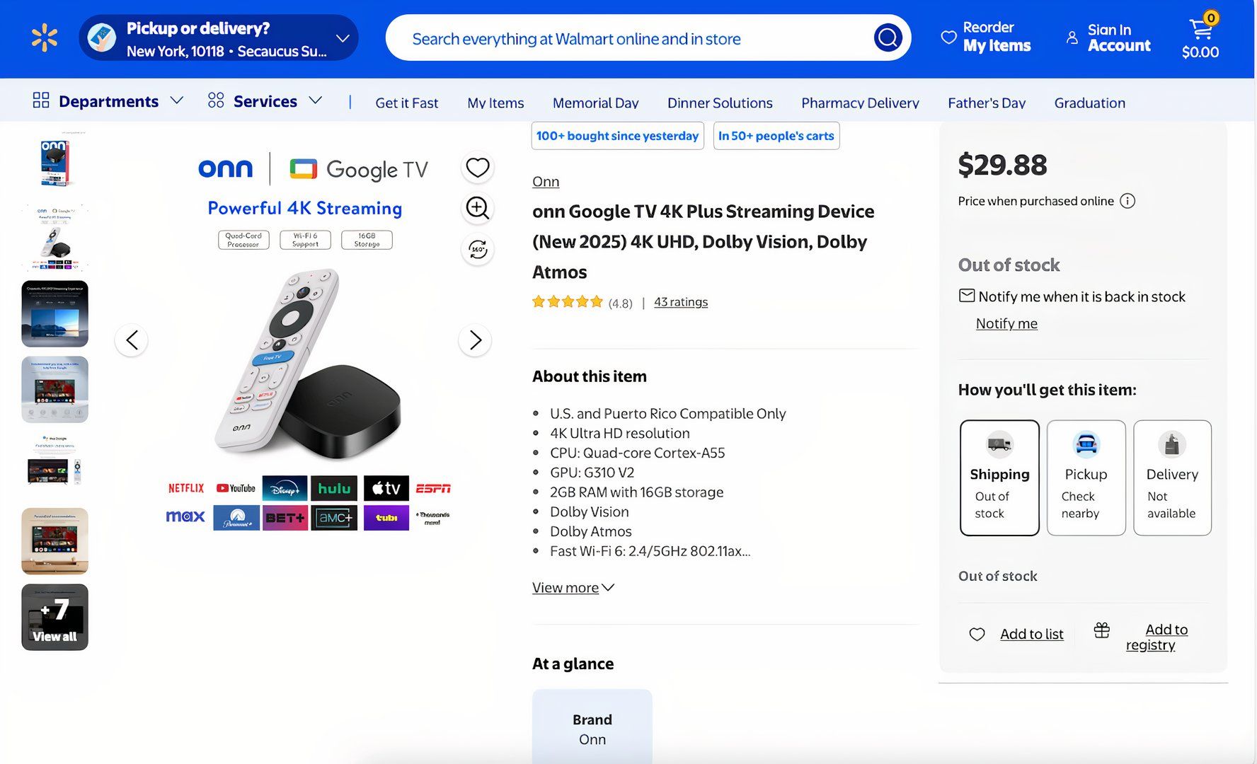 A screenshot of the Onn TV 4K Plus page at Walmart.com