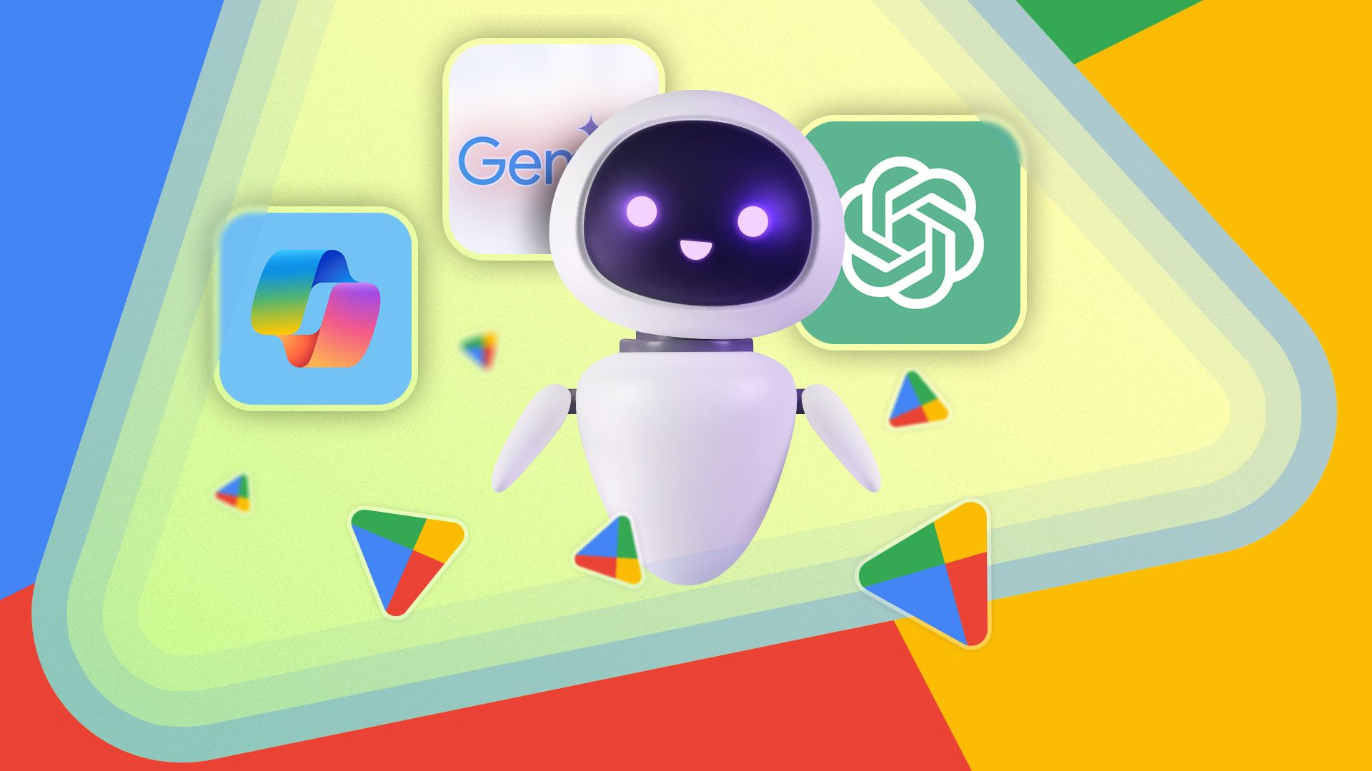 An AI robot with the Copilot, Gemini, and ChatGPT logos in the background and some Play Store logos around it.