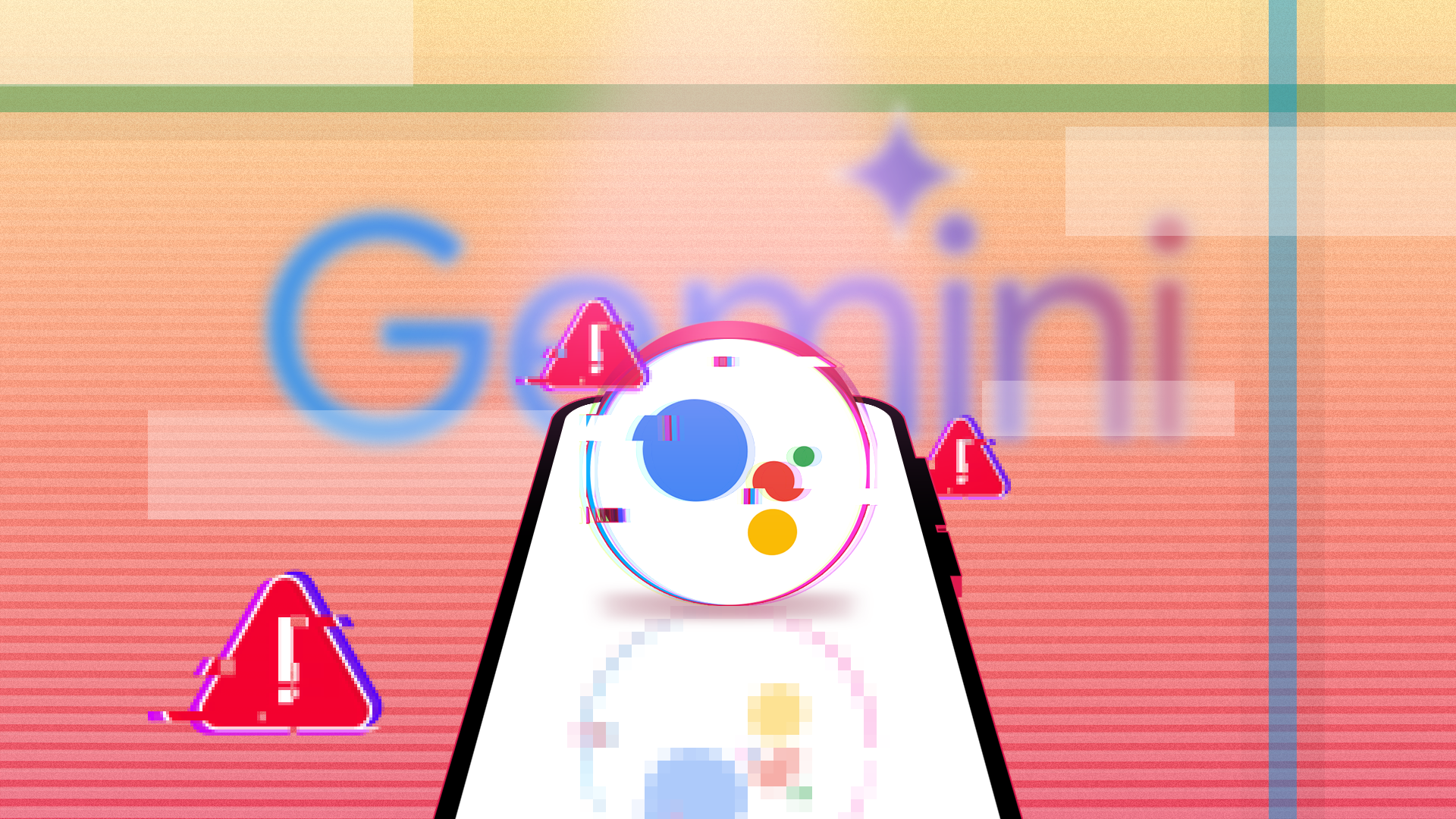 Illustration of a smartphone screen with the Google Assistant logo above with a glitch effect, surrounded by warning icons, and the Gemini logo blurred in the background.