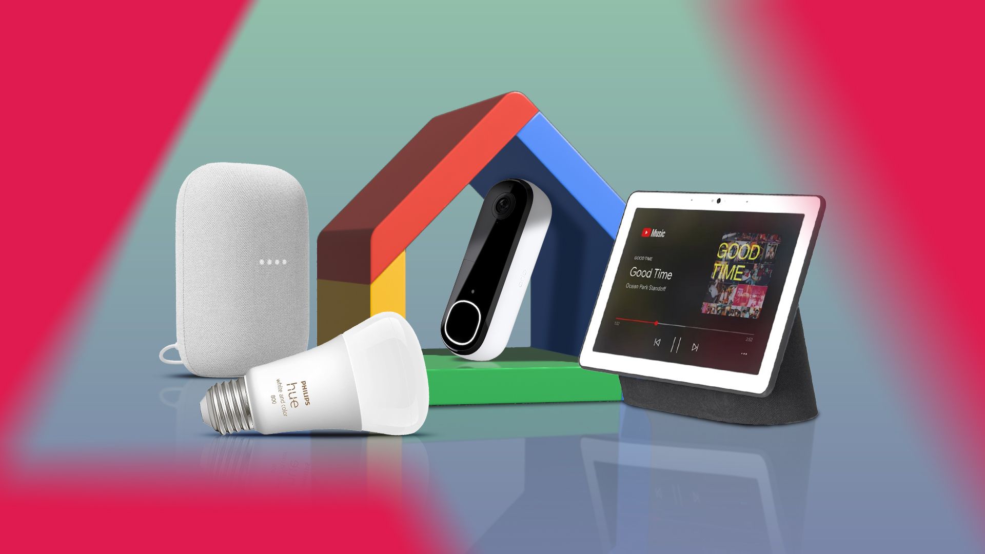 Google Home icon with some gadgets around it.