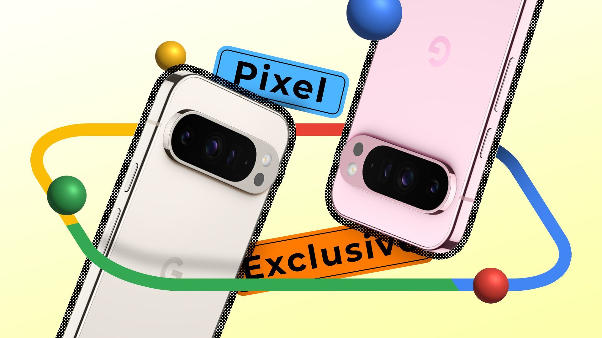 Collage with two Google Pixel phones and 'Pixel Exclusive' written in the background
