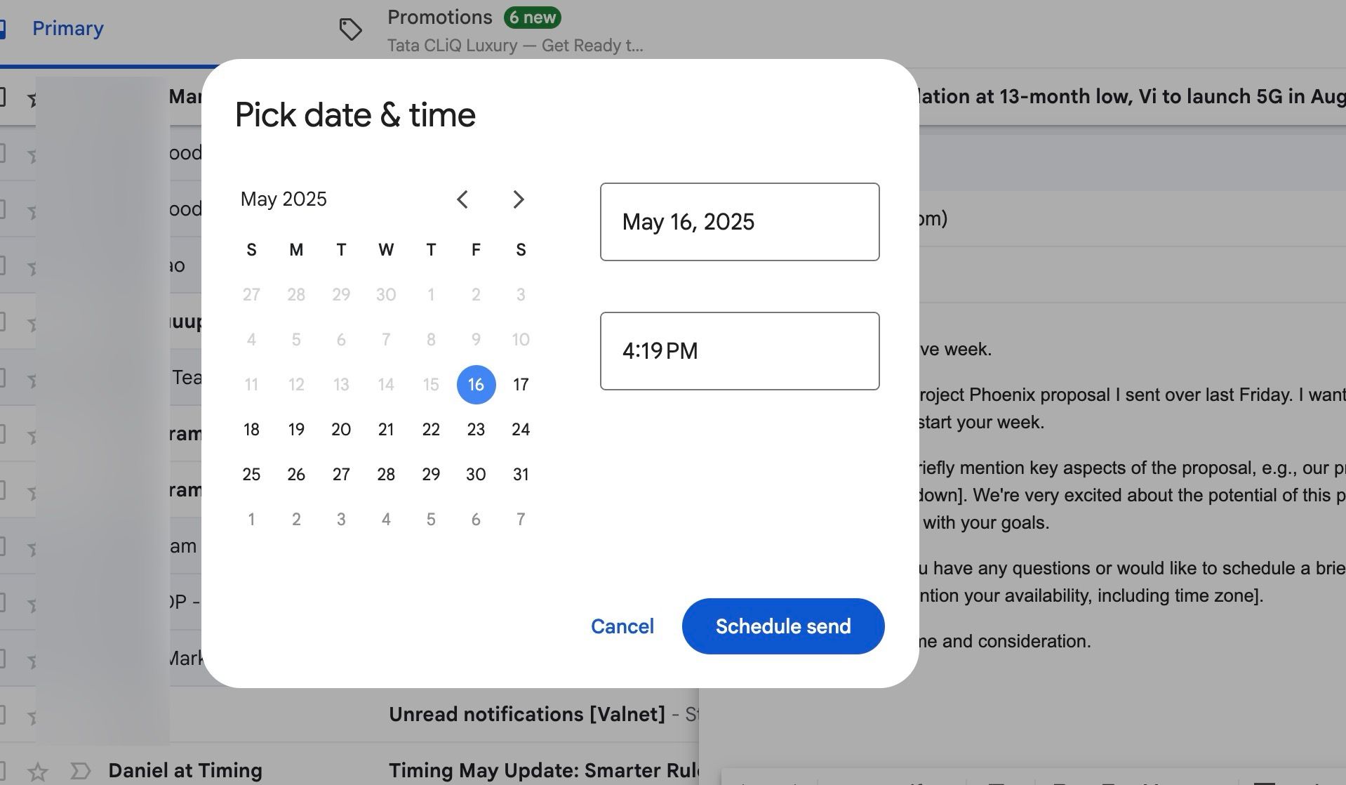 Pick time and date for scheduled email