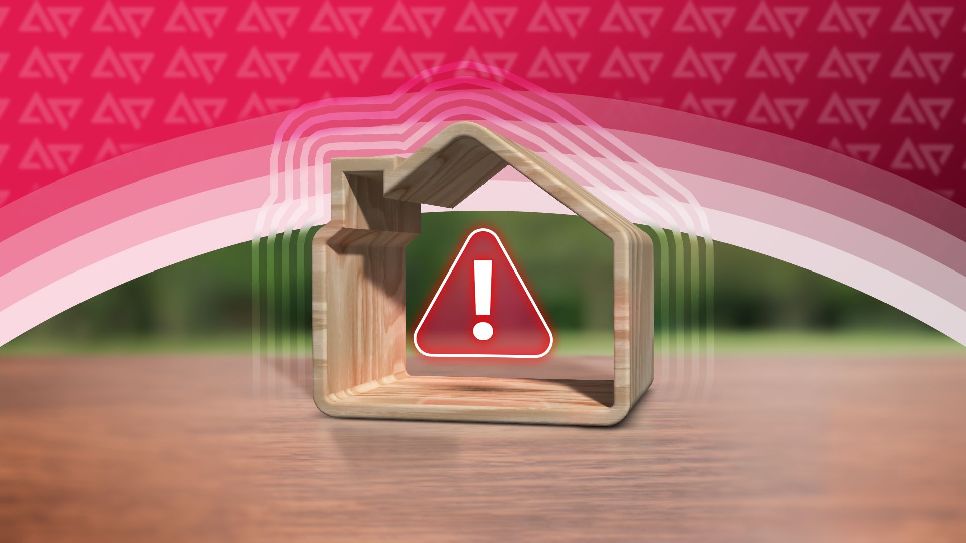 A 3D house representing a smart home with a warning sign inside.