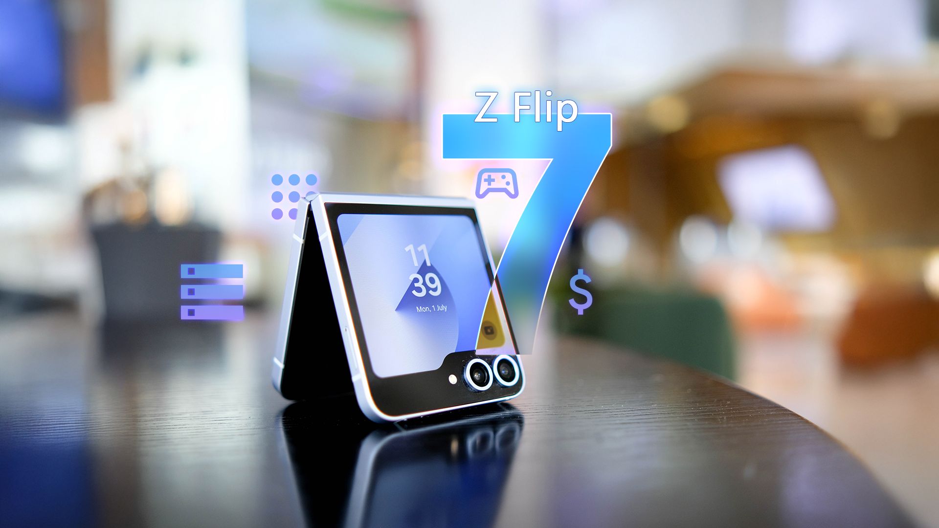 A Samsung Galaxy Z Flip with a number '7' beside it.