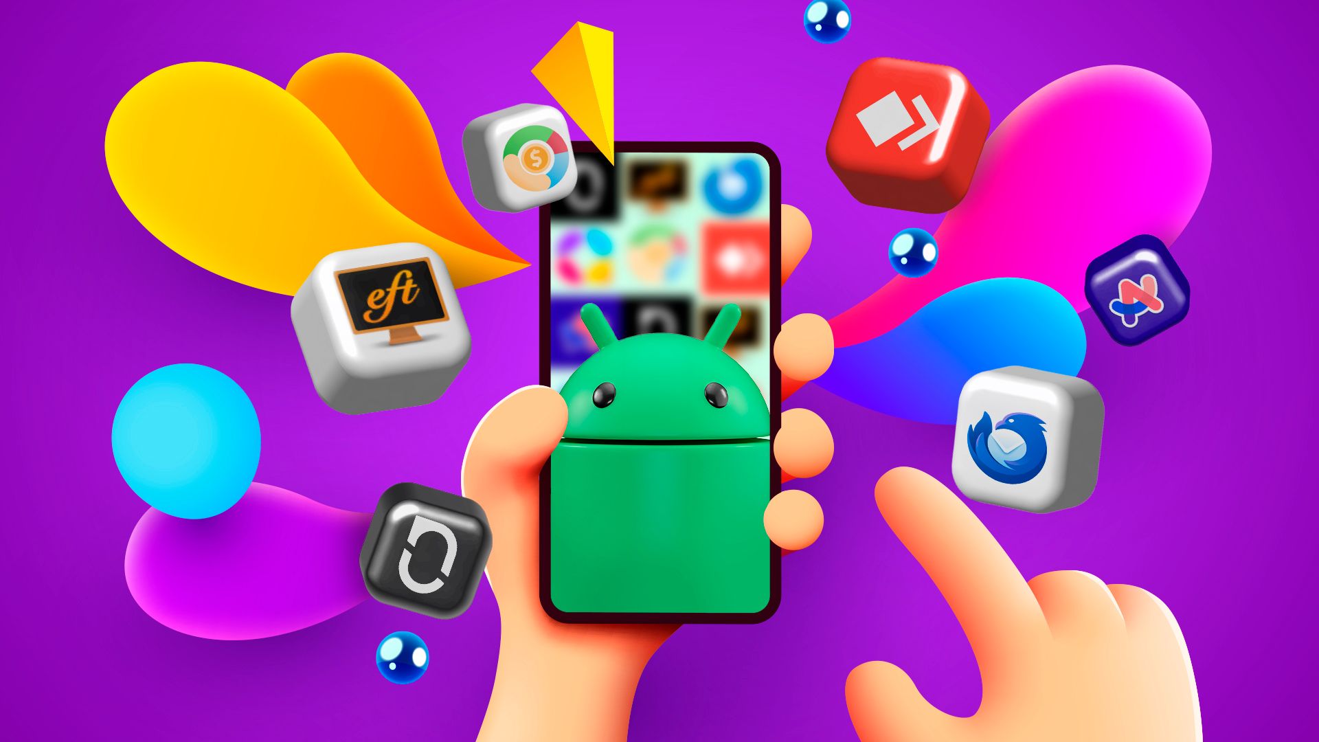 Illustration of a hand holding a phone with the Android mascot on the screen and several app icons around it.