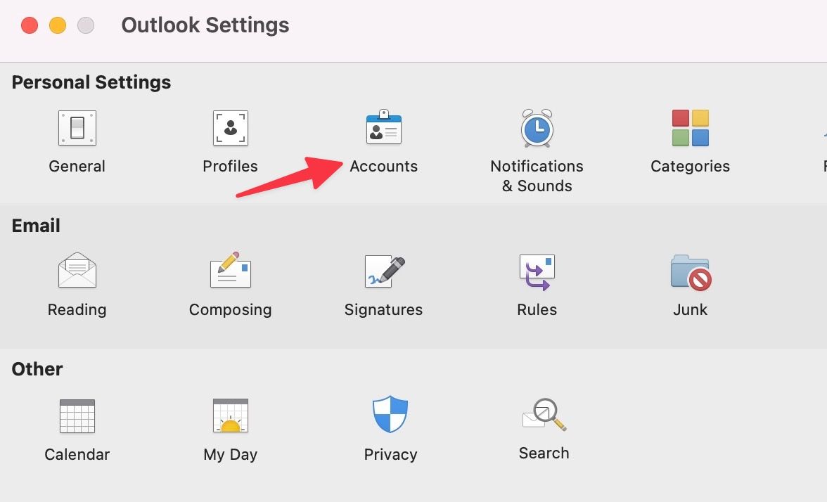 Red arrow pointing to Accounts in Outlook Settings on a Mac.