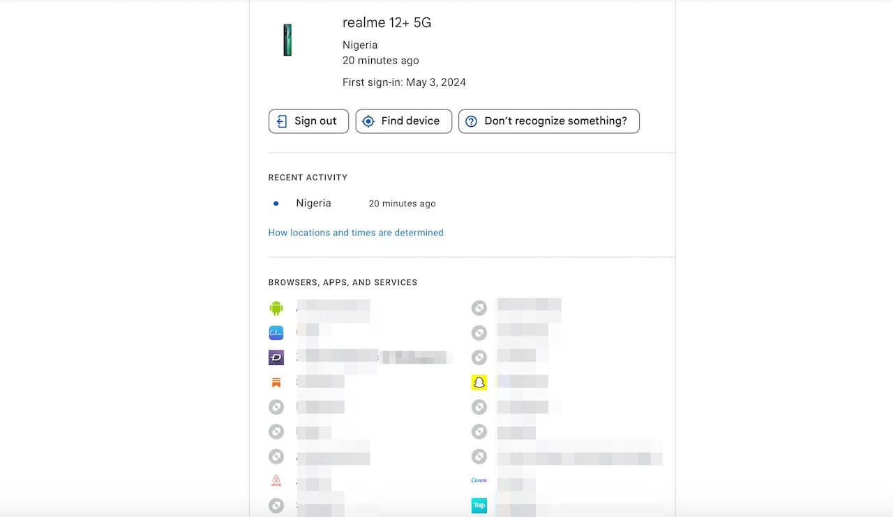 Web page showing device information used to access Google account and connected apps