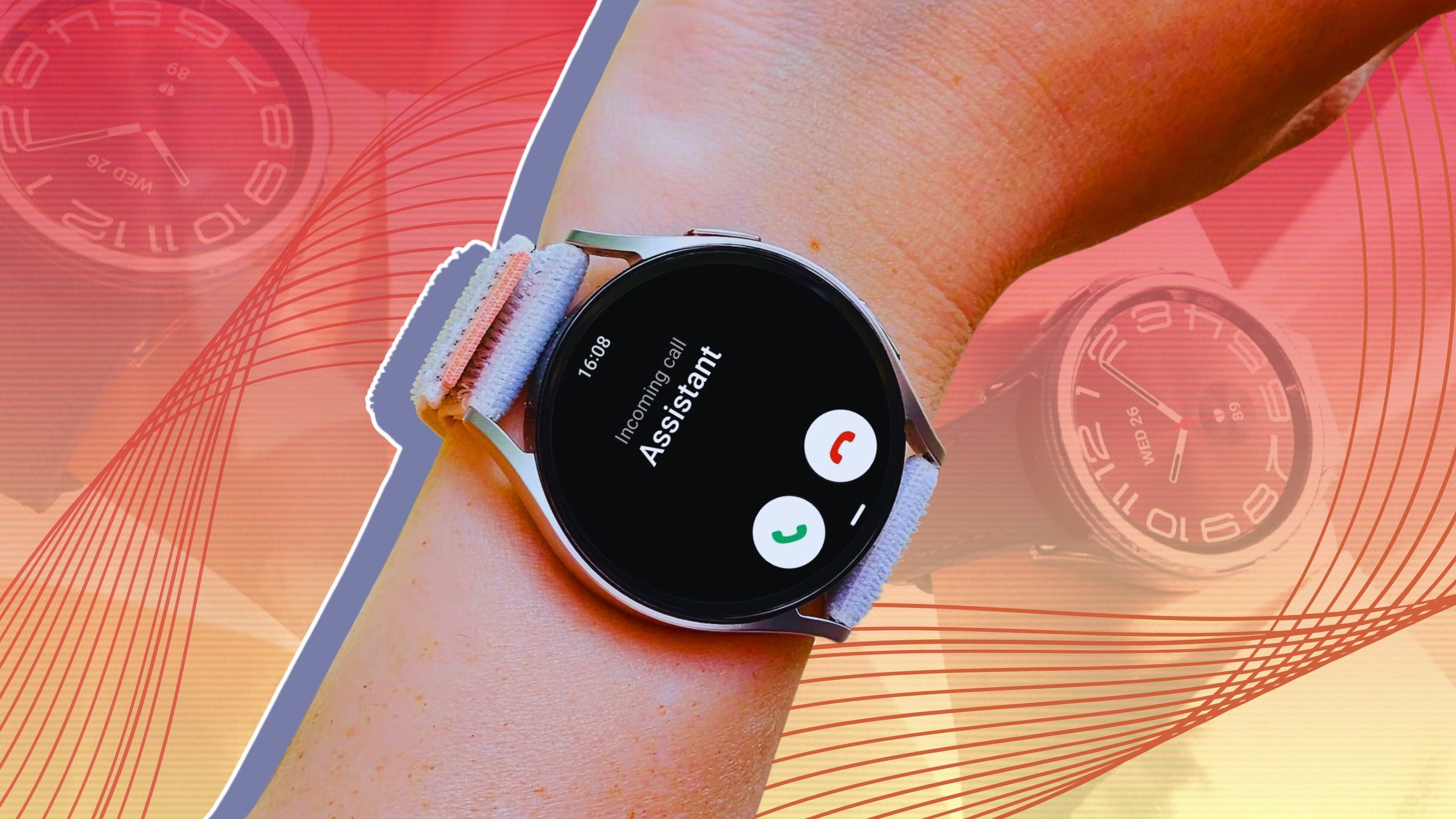A wrist showing incoming call on a smartwatch overlaying a custom orange-yellow background
