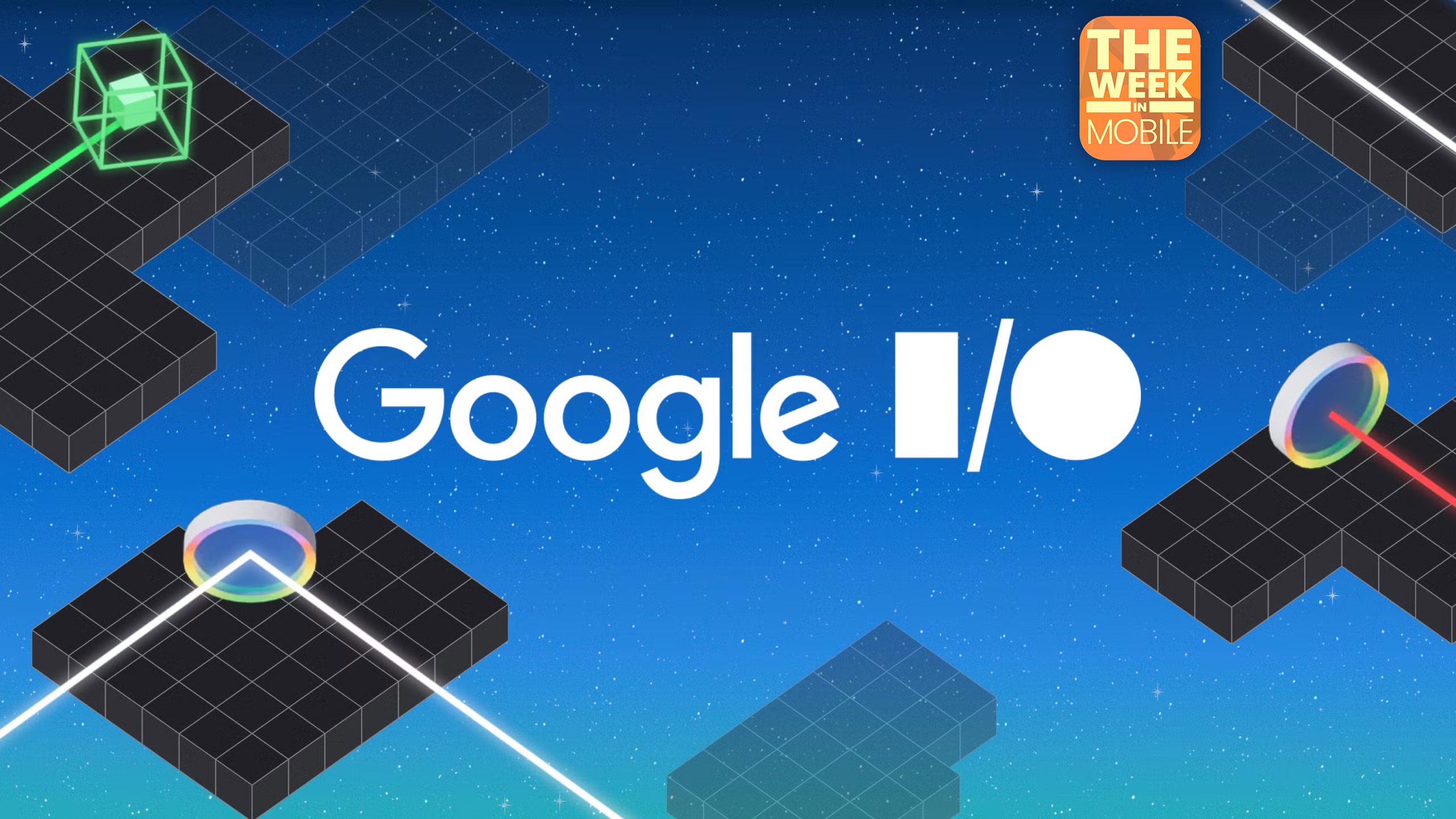 The Google I/O logo shown against a blue background with geometric shapes.