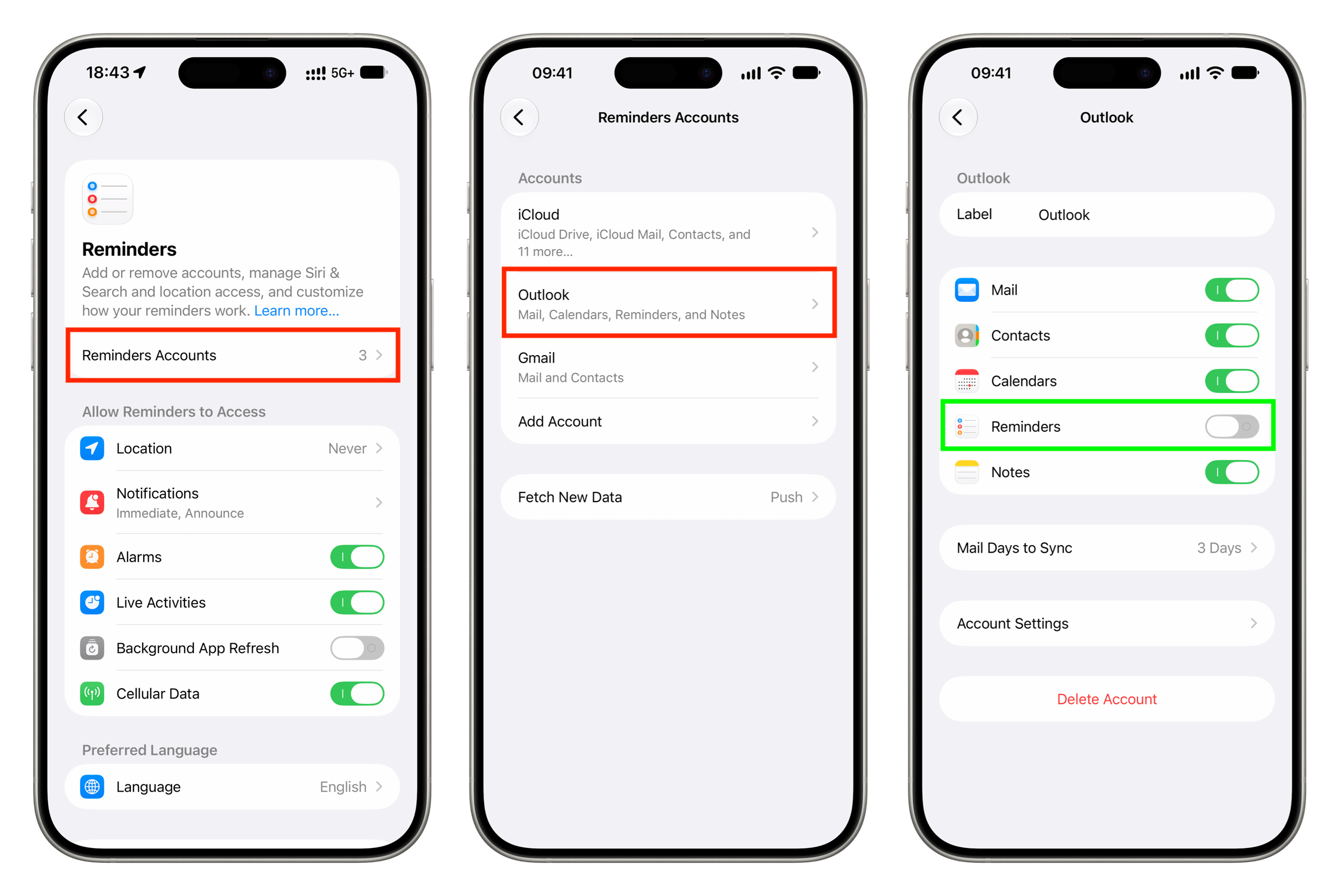 Turn off Reminders sync for Outlook account on iPhone