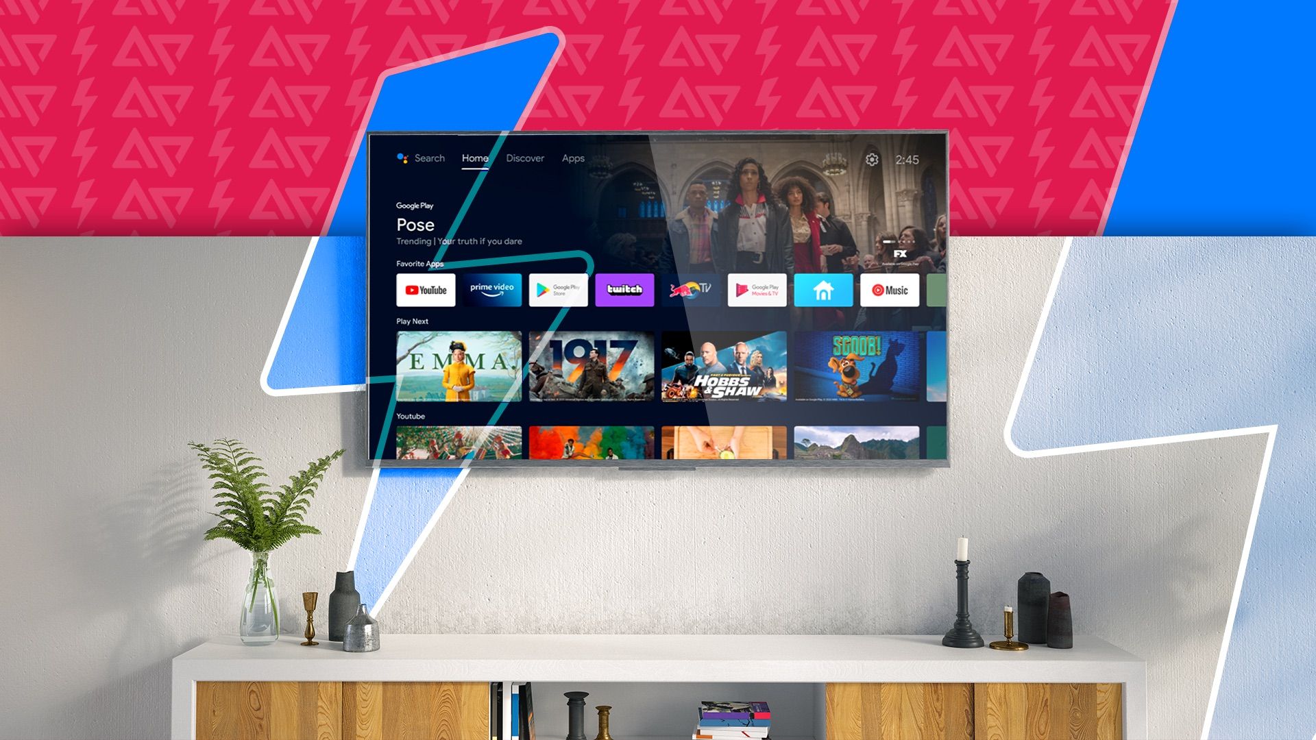 A smart TV in a living room with a lightning icon beside it