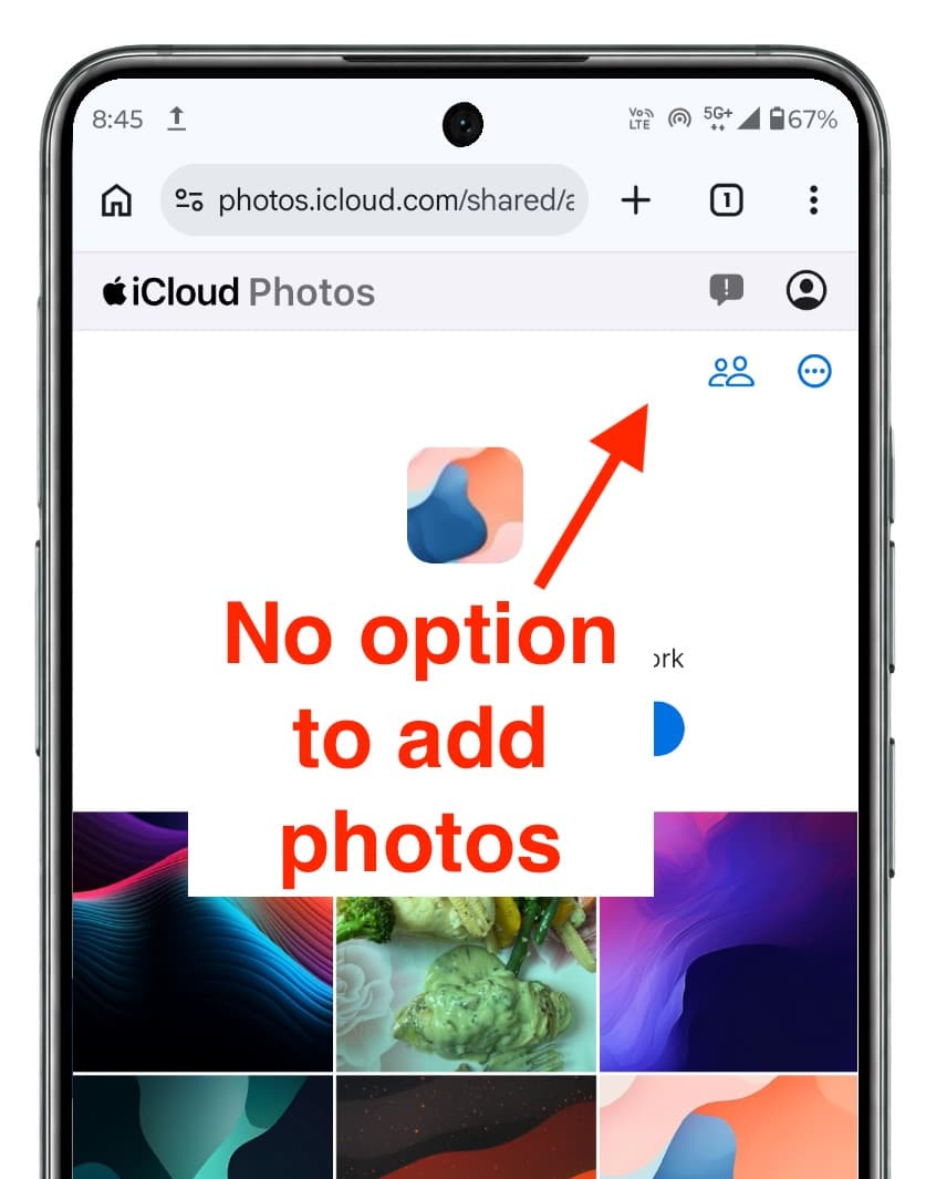 No add photos icon for shared iCloud album on Android phone