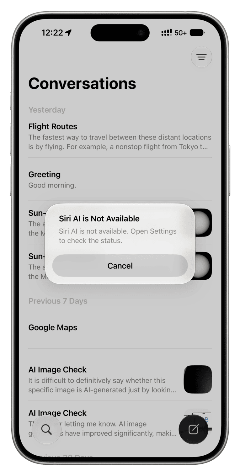 Siri Al is Not Available popup on iPhone