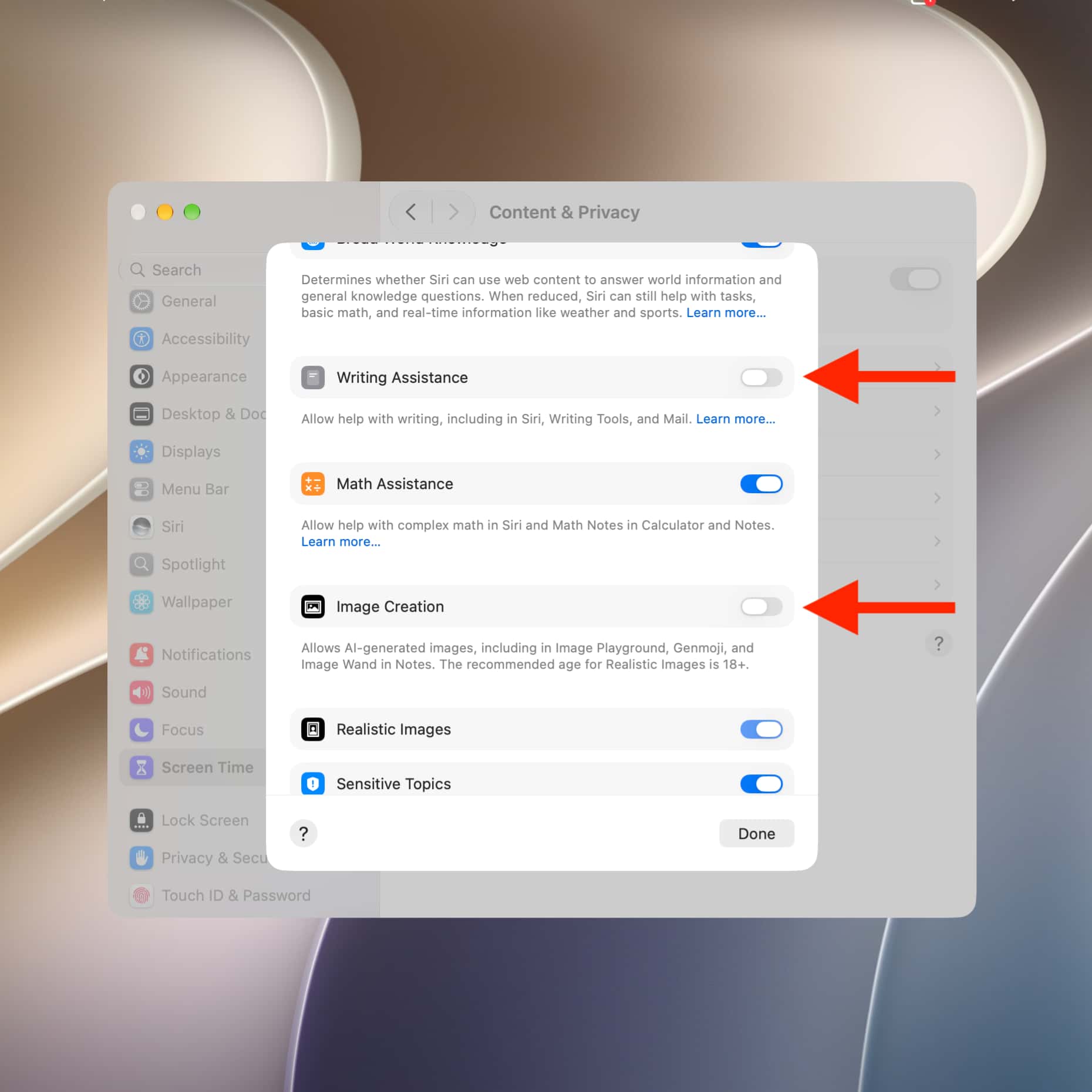AI Writing Assistance and Image Creation turned off on Mac