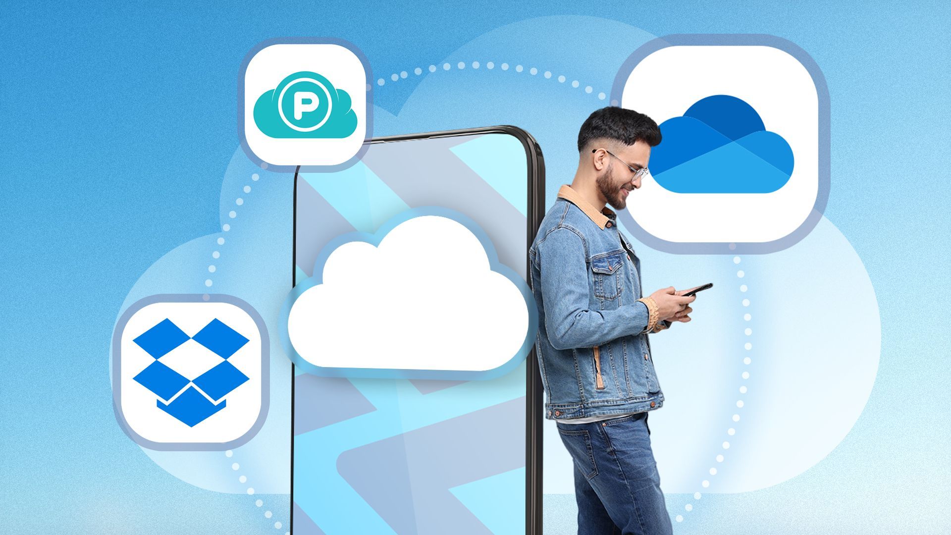 A man leaning against a smartphone with icons of some cloud storage apps around