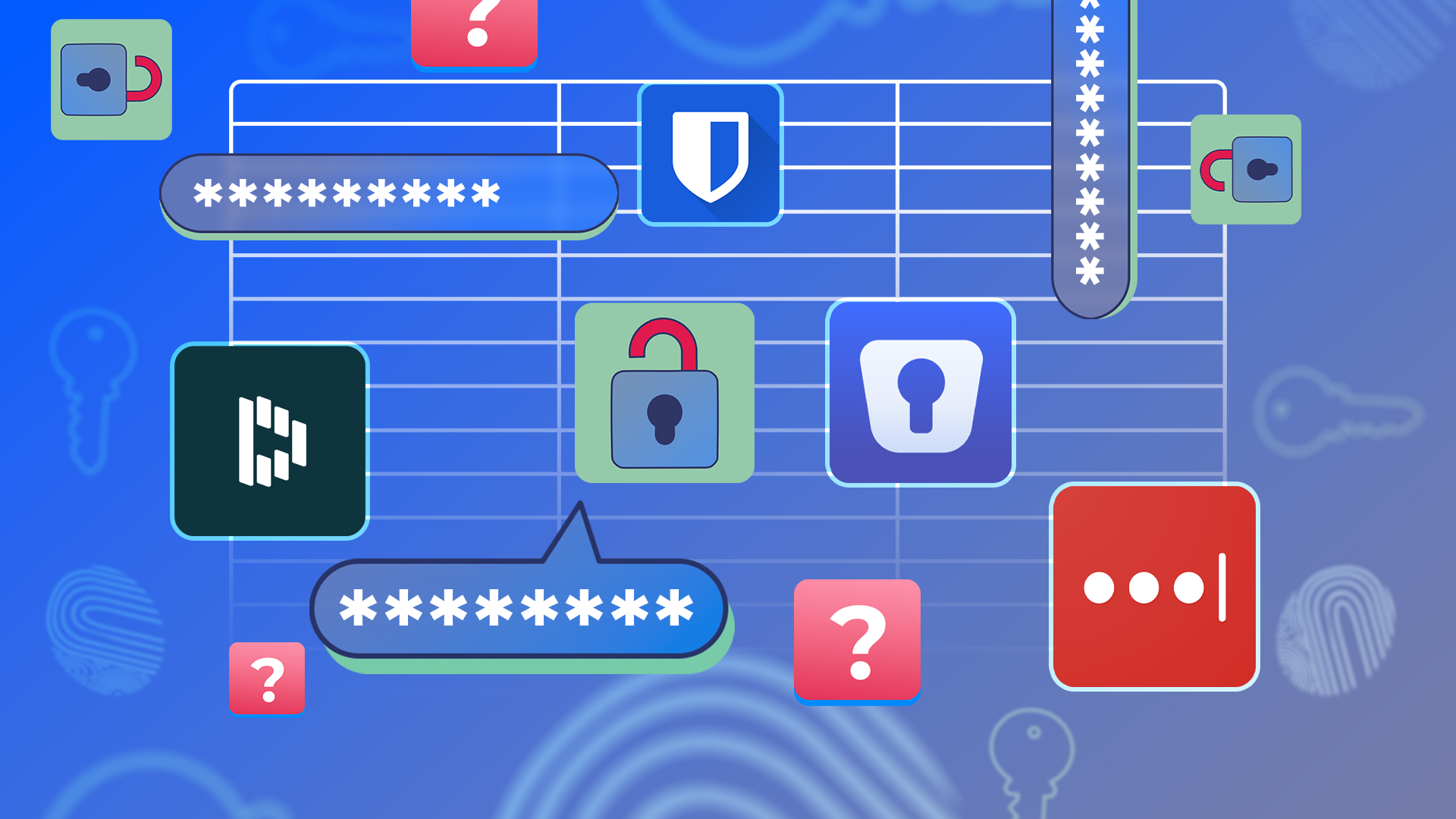 Illustration showing various password manager logos, password fields filled with asterisks, padlock icons, and question mark symbols on a blue background.
