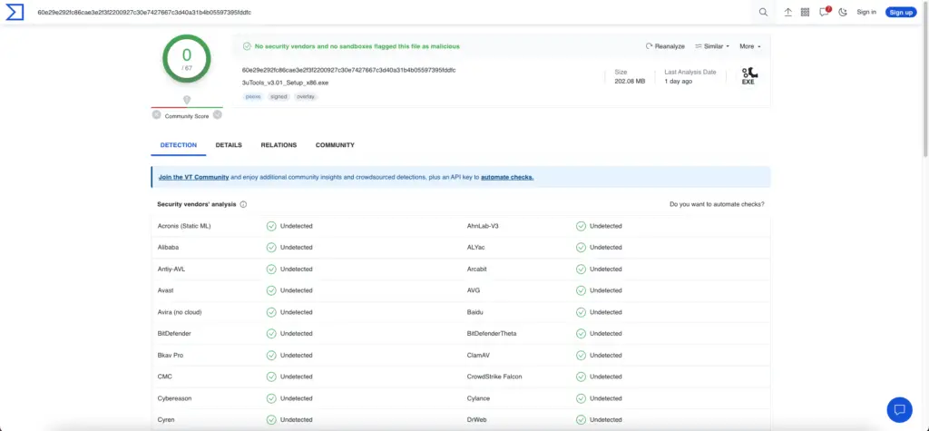 3uTools-VirusTotal-Report - iDevice Central 3uTools Latest Version - VirusTotal Report - CLEAN