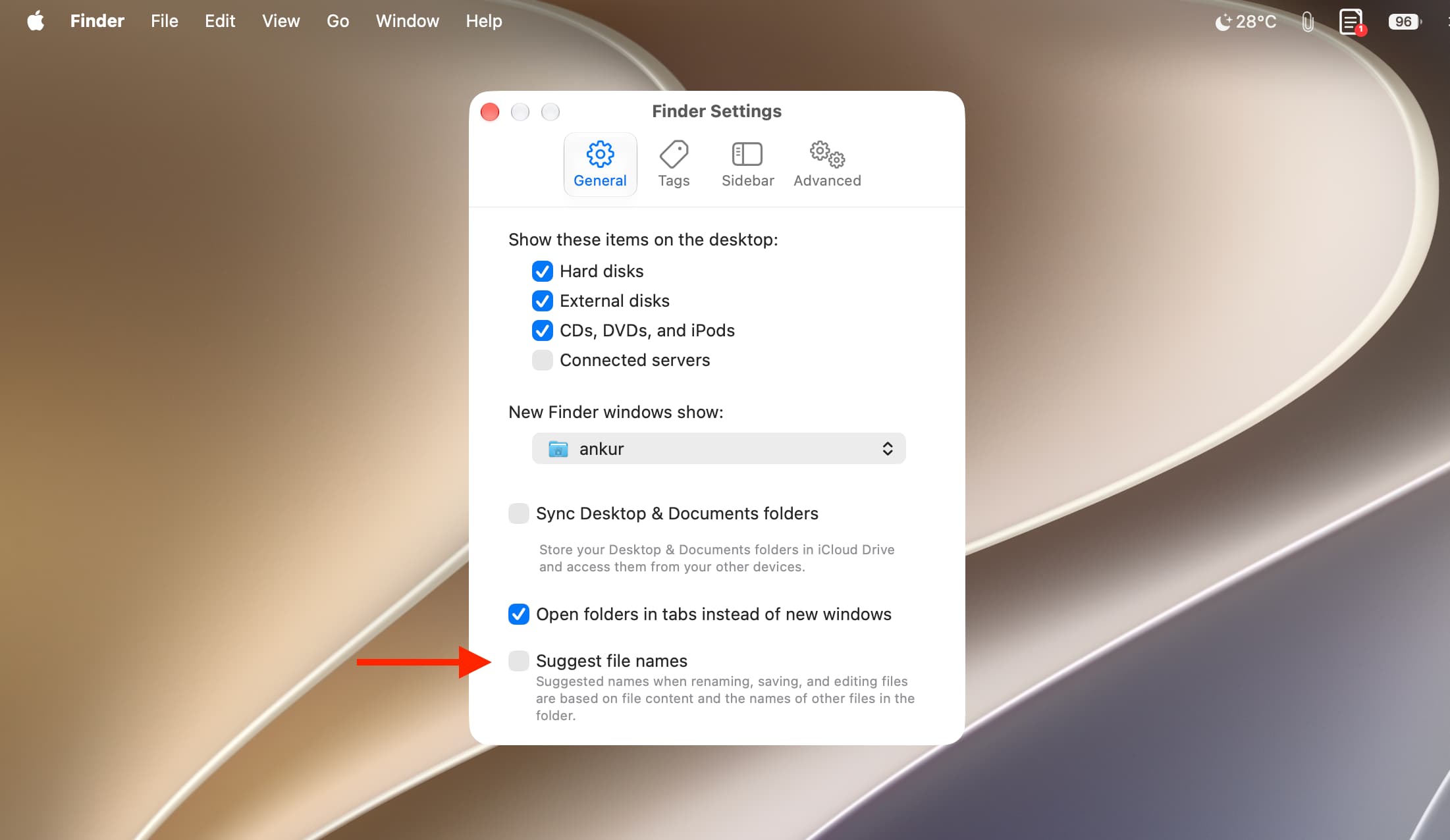 Suggest file names unchecked in Finder Settings on Mac