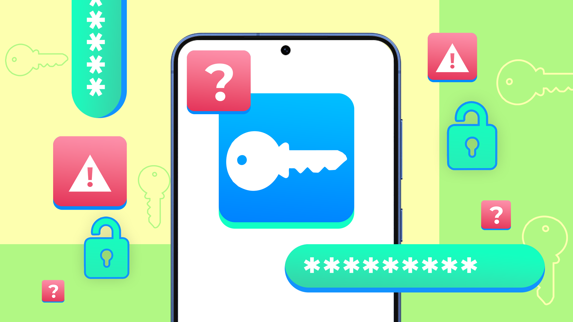 Password manager on a smartphone screen, with warning signs and question marks around it.