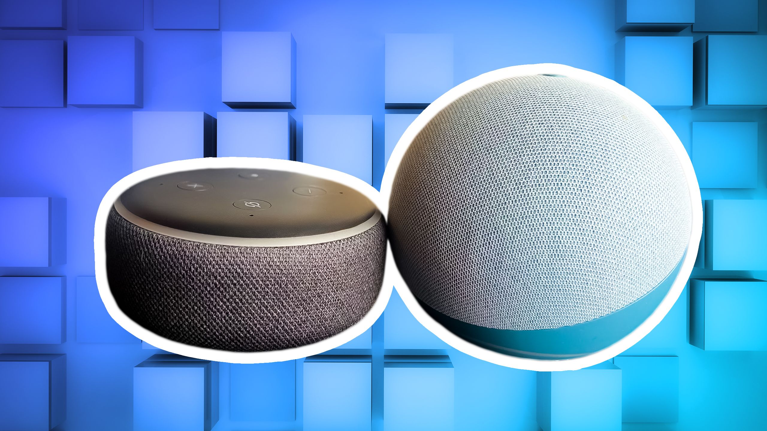 Close-up of two smart speakers on a geometric blue background