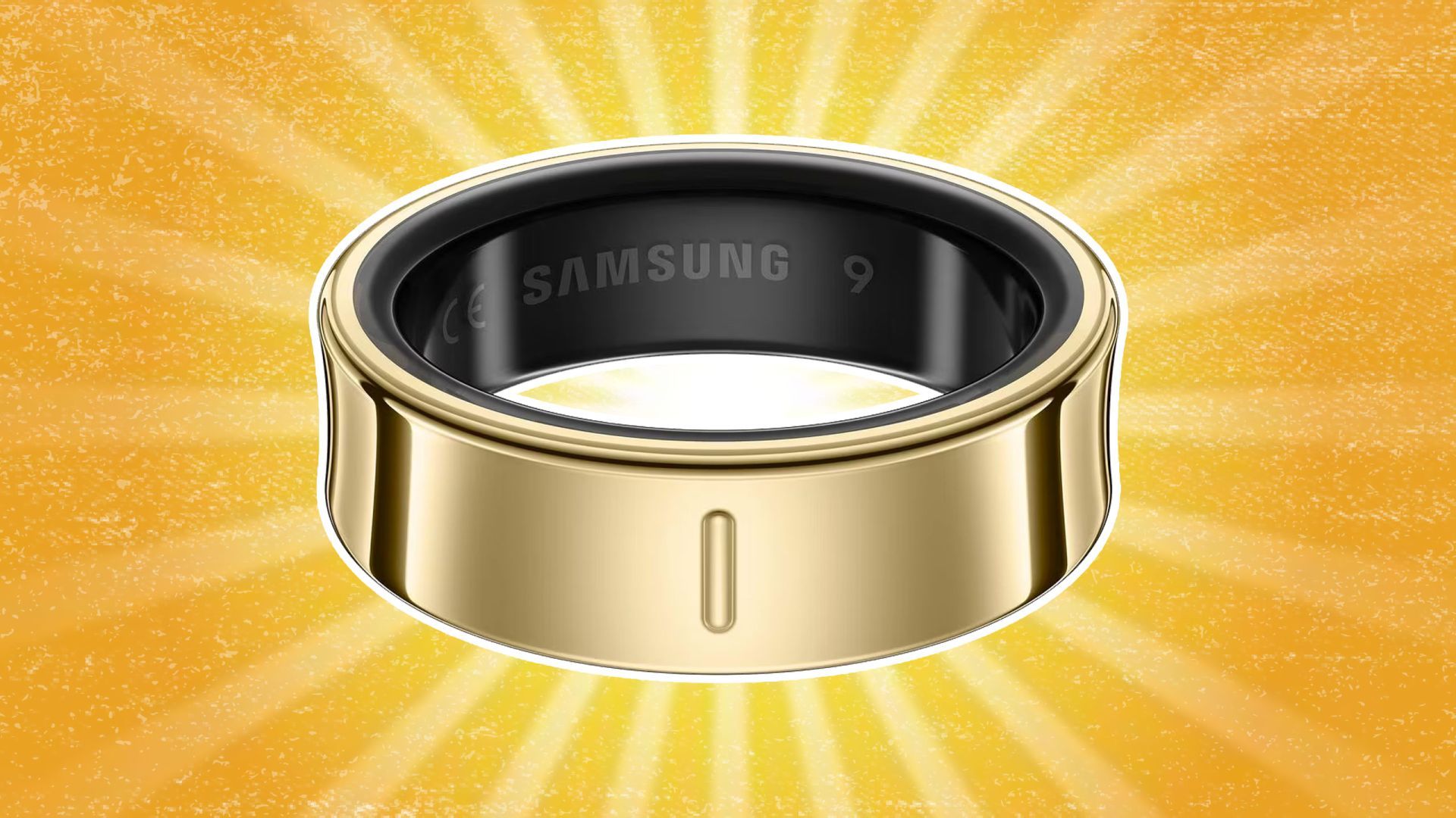 The Samsung Galaxy Ring in gold against a yellow background
