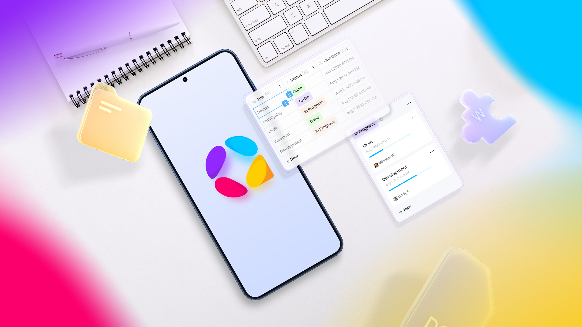 A smartphone on an office desk with a project management app.