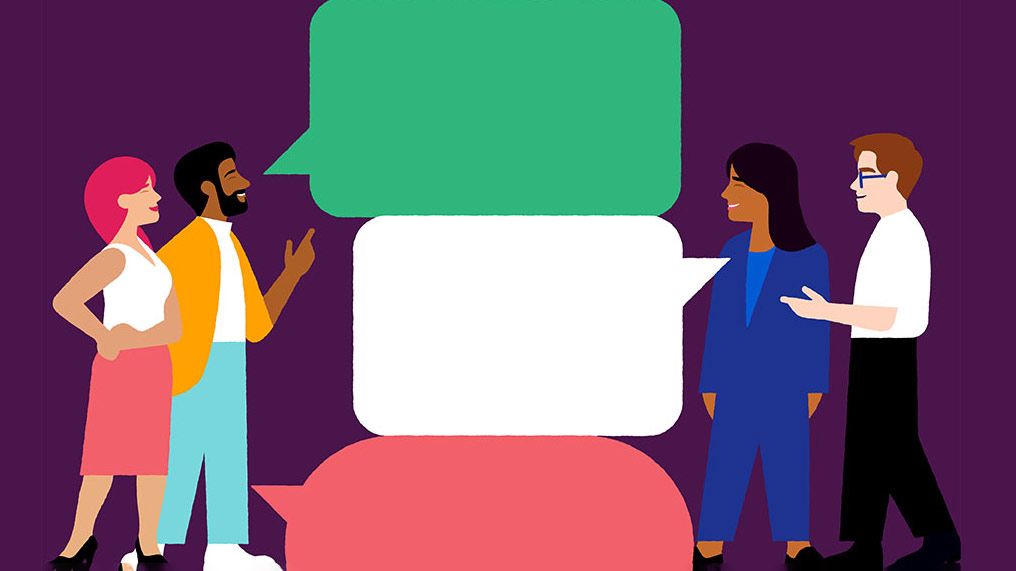 Illustration of four people with three chat bubbles set against a purple background