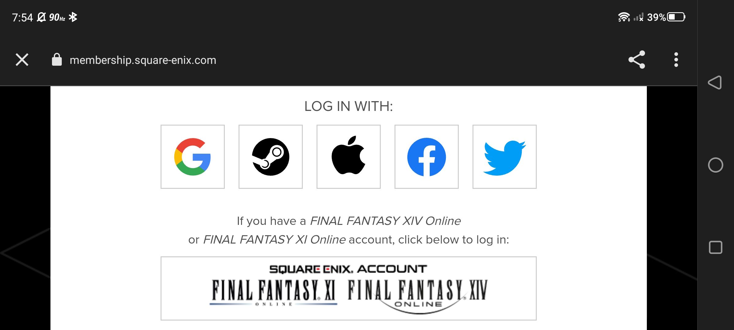 web page displaying log in method with google, steam, apple, facebook, x and square enix account for final fantasy xiv online and final fantasy xi online accounts