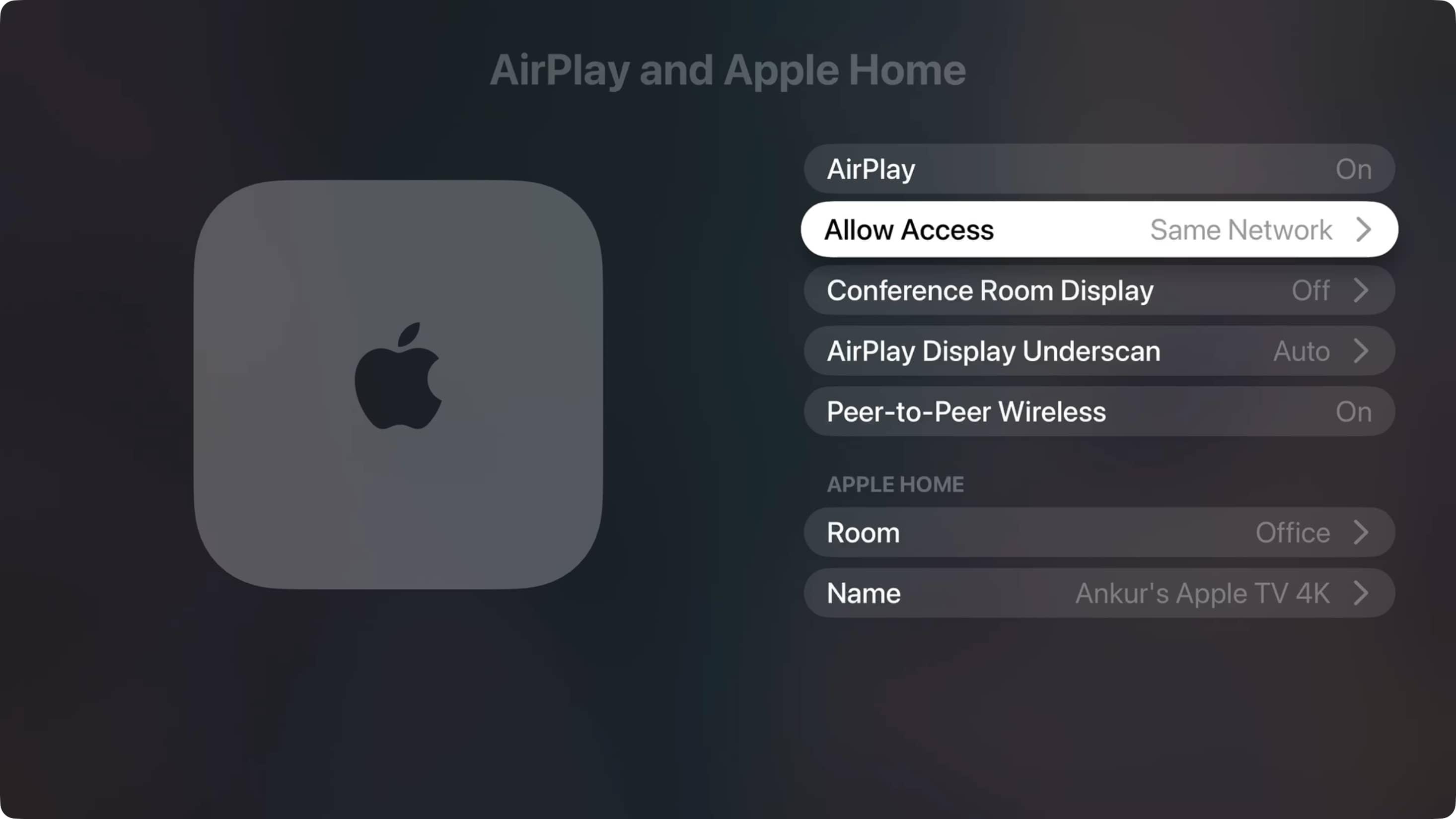 Apple TV AirPlay Allow Access set to Same Network