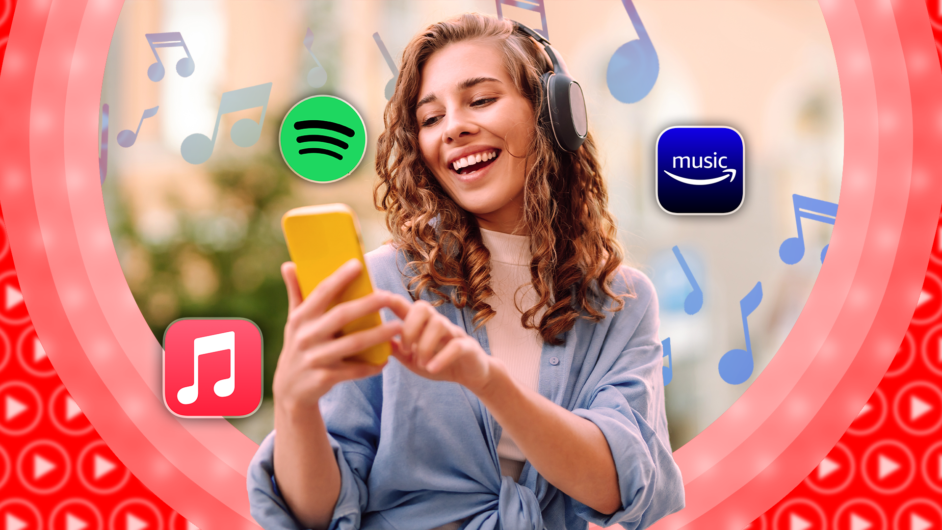 A happy woman wearing headphones, listening to music while holding her phone, with the Apple Music, Spotify, and Amazon Music logos around her, and multiple blurred YouTube Music logos in the background.