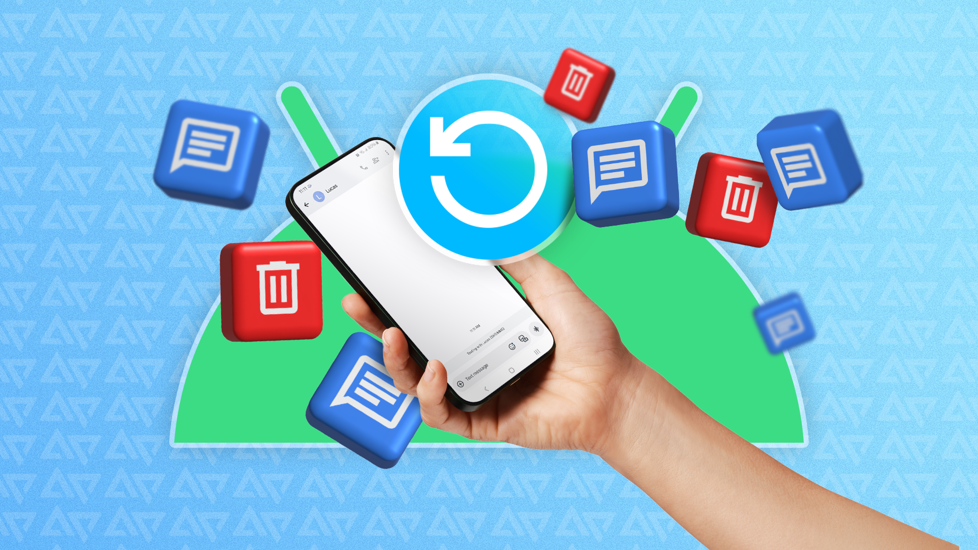 A hand holding a phone with message and delete icons around it and a recover icon in the center.
