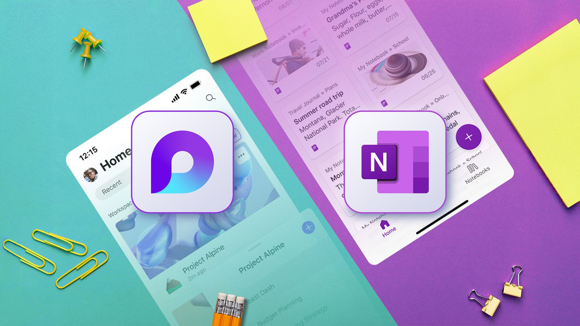 Microsoft Loop and Microsoft OneNote logos side by side on a surface with some notepads, paper clips, and pencils.